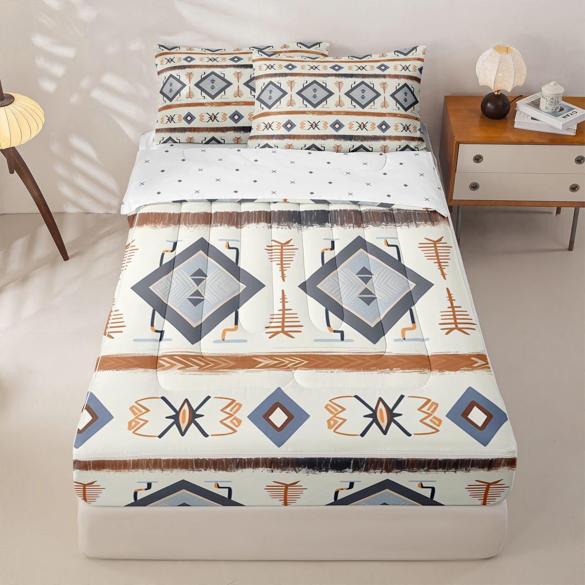Geometric Aztec Zipper Bedding Queen Western Boho Zip Up Bedding Set for Boys, Ethnic Tribal Arrow Diamond Bed in a Bag Navajo Style Southwestern Decor Comforter with Fitted Sheet and 2 Pillowcases