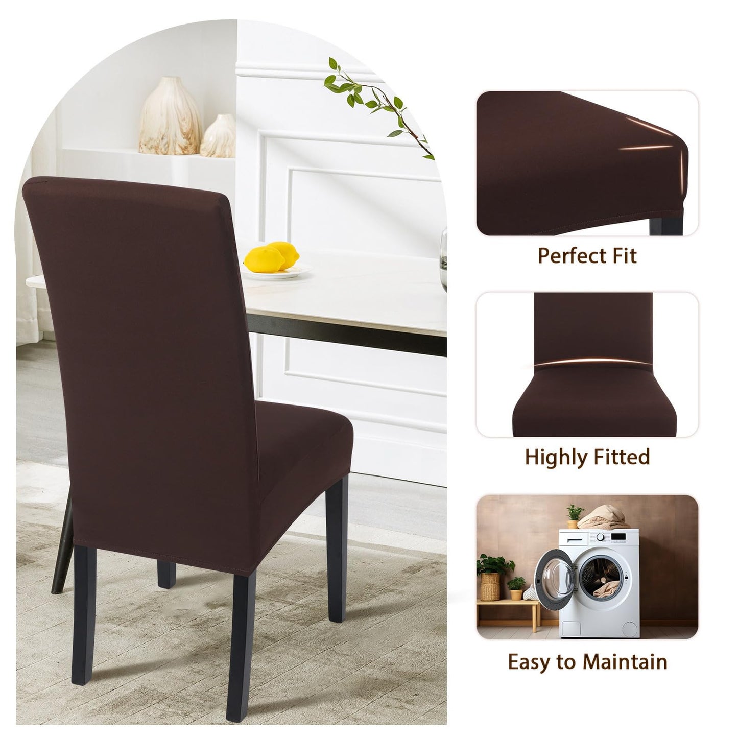 SearchI Chair Covers for Dining Room Set of 4, Stretch Solid Color Kitchen Parsons Chair Covers Washable Spandex Dining Chair Slipcovers Seat Protector for Hotel,Banquet,Ceremony (Chocolate)