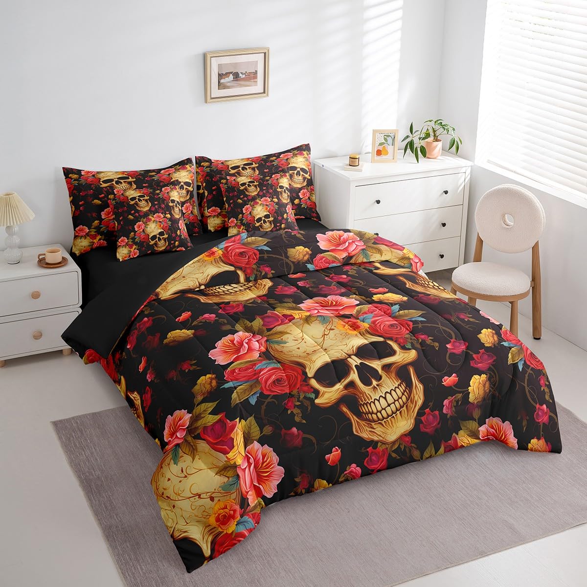 Erosebridal Sugar Skull 7 Piece Comforter Set Full Bed in a Bag,Rose Flowers Bedding Sets Bohemian Floral Sheet Set with Comforter