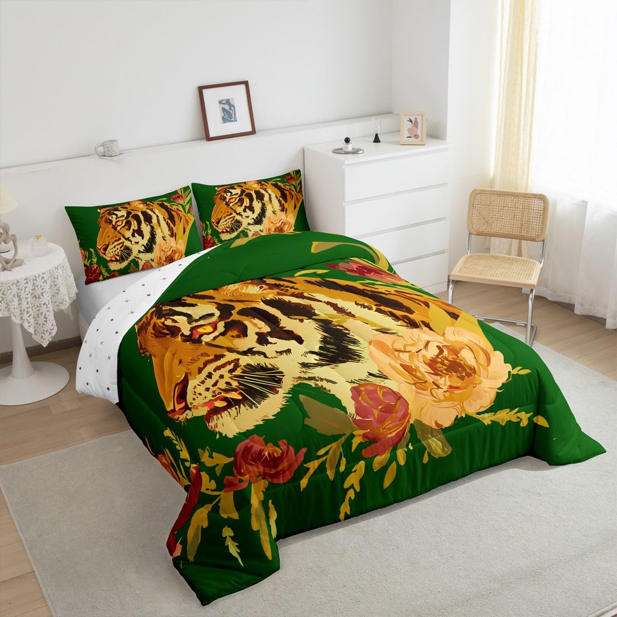 Erosebridal Tiger Comforter Set Twin Size Modern Flowers Bedding Set for Kids Girls BoysGreen Red Romantic Roses Comforter Wild Animals Plants Quilt Bedroom Decor