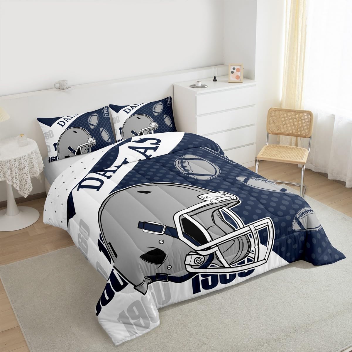 Feelyou Football Bedding Set Soft for Boys Girls, Dallas Comforter Set Full Size Football City Duvet Quilt Microfiber Bedroom Decor 3 Pcs with 2 Pillow Cases