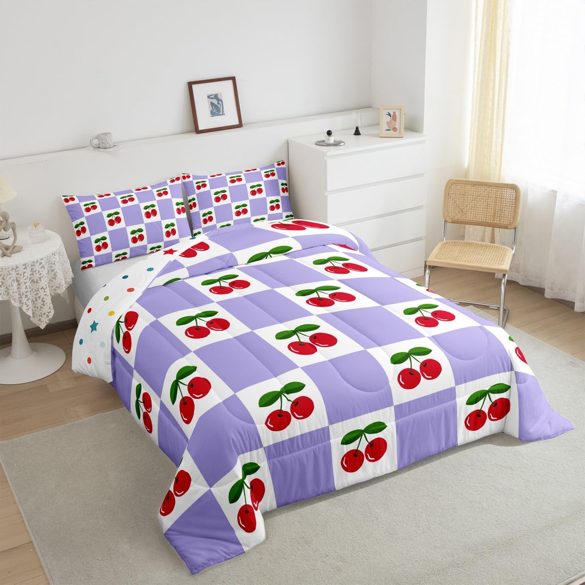 Manfei Cartoon Cherry Kids Comforter Set Twin Size,Geometric Plaid Checkerboard Patchwork Bedding Set,Girls Princess Room Decor,Tropical Fruit Fashion Down Comforter,Purple Duvet Insert,1 Pillowcase