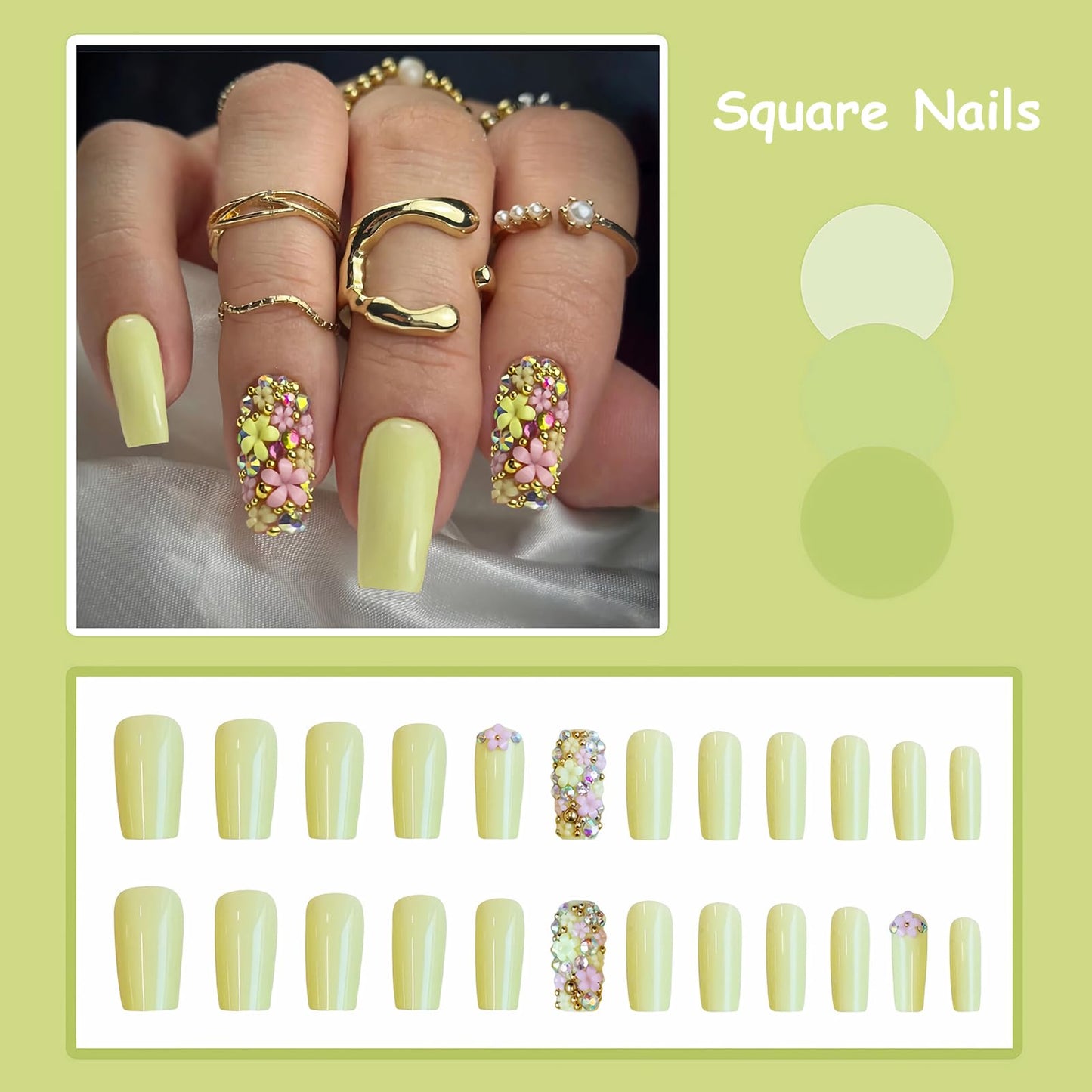 MISUD Press on Nails - Long Square Fake Nails with Yellow, Acrylic Flower Rhinestone Design 24 pcs