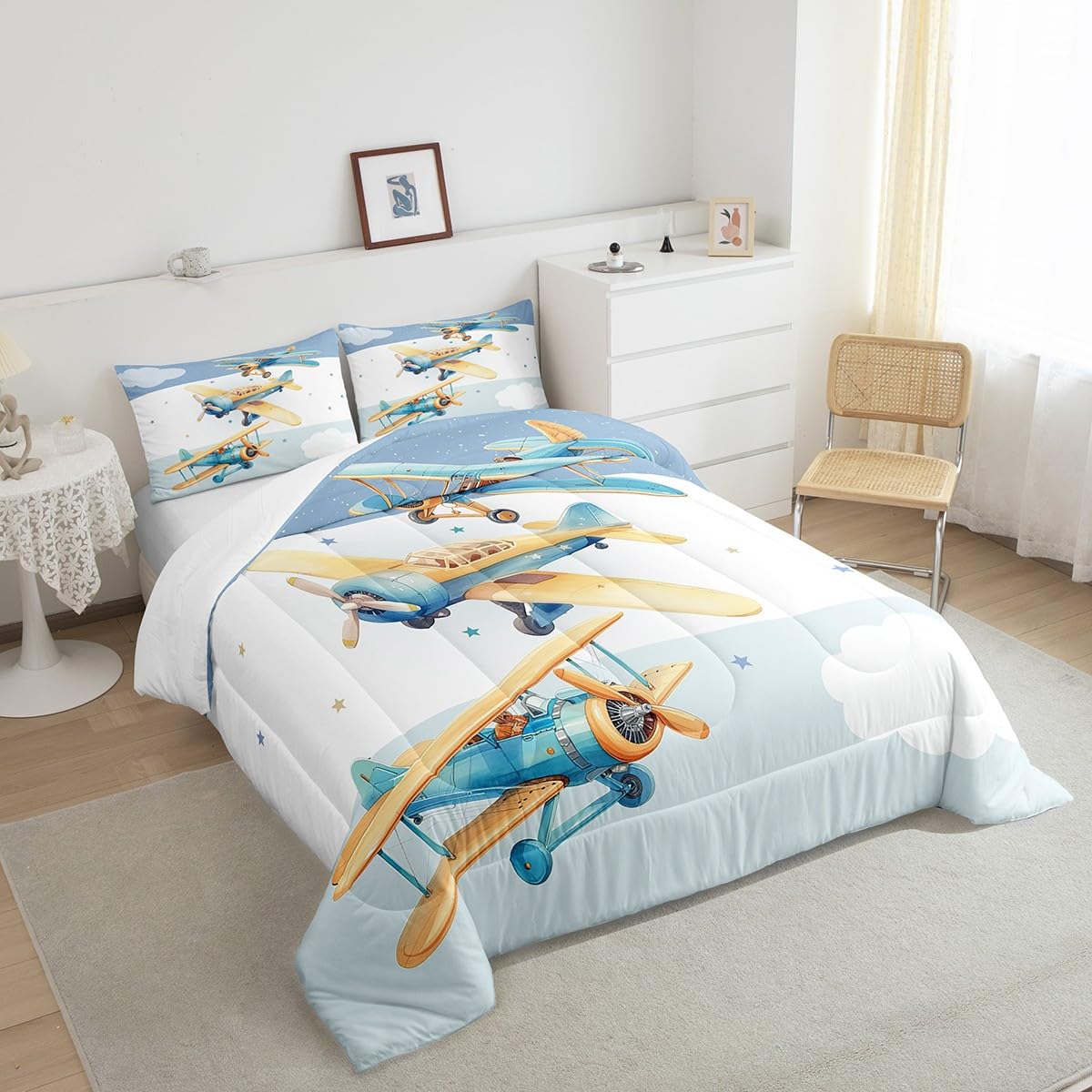 Manfei Cartoon Airplane Queen Size Comforter Set 3 Pcs,Aviation Aircraft Modern Plane Down Alternative Bedroom Decor,Sky Clouds Stars Blue White Stripes Print Ultra Soft Microfiber Inner Fill 3Pcs