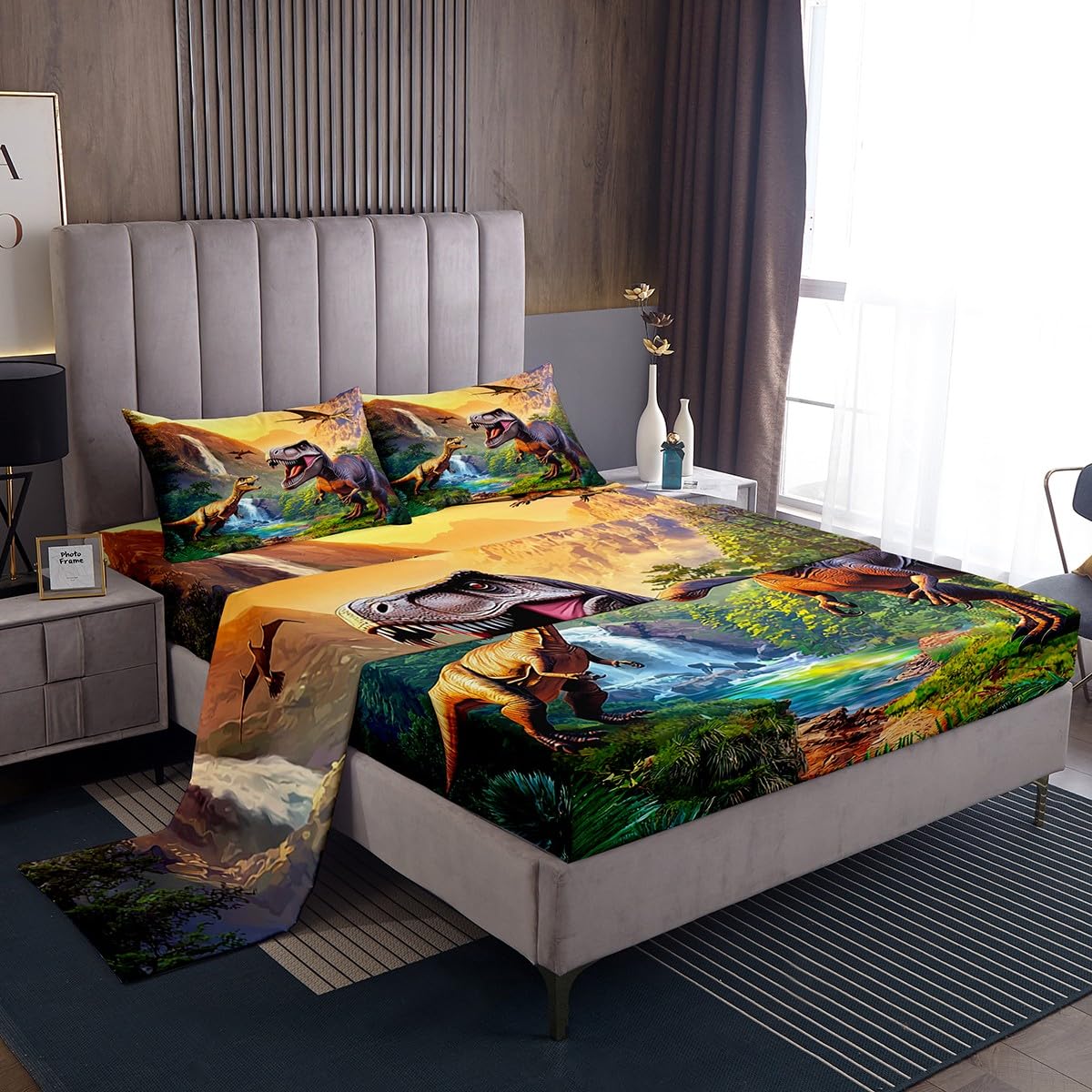 Erosebridal Kids Cartoon Dinosaur Bed Sheets King Boys Jungle Dino Sheet Set, 3D Ancient Animals Fitted Sheet, Child Flat Sheet, Dinosaur Room Decor, 2 Pillow Cases