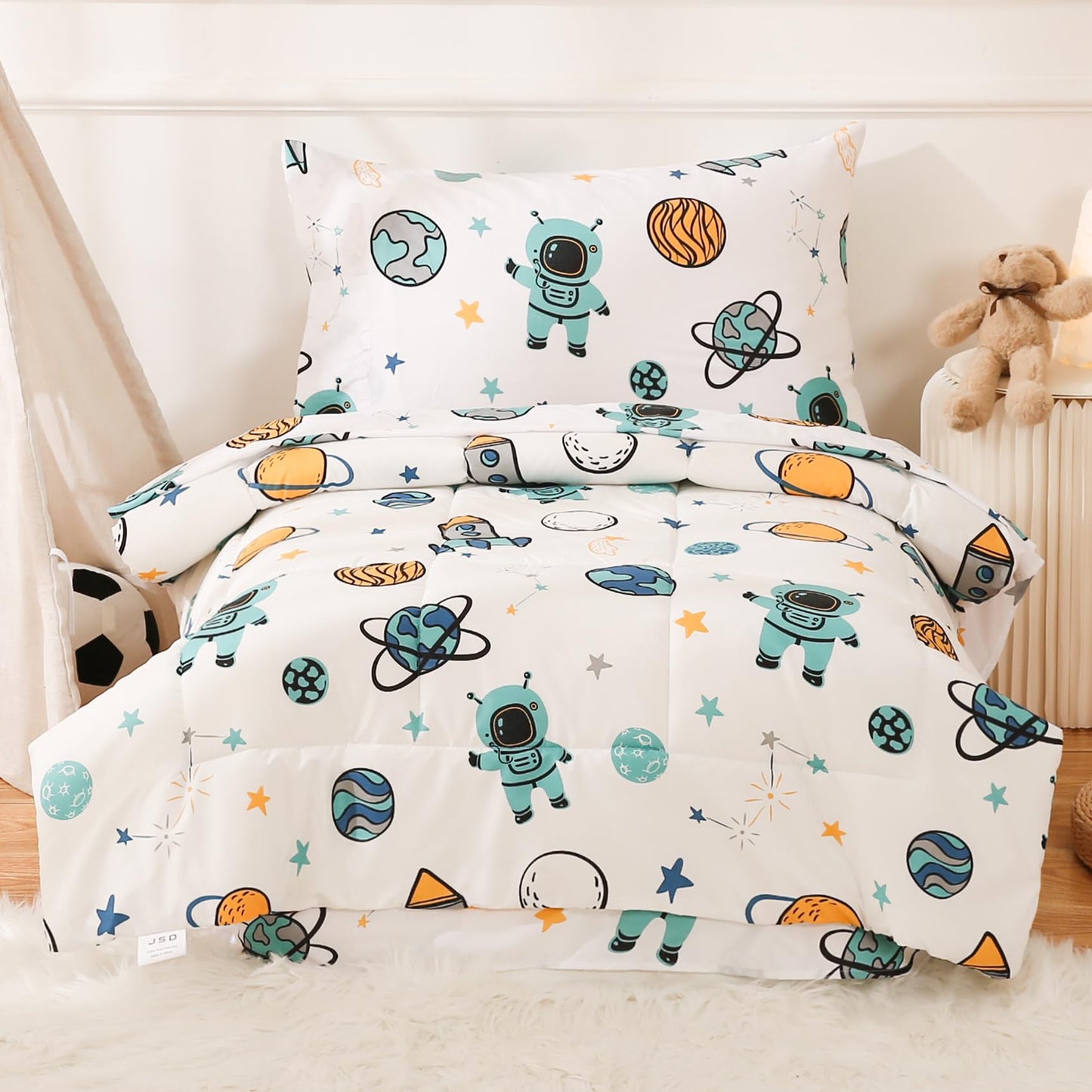 JSD Blue Astronaut Toddler Bedding Set, 4 Piece Space Theme Rocket Bed-in-a-Bag Toddler Comforter Sheet Set, Machine Washable