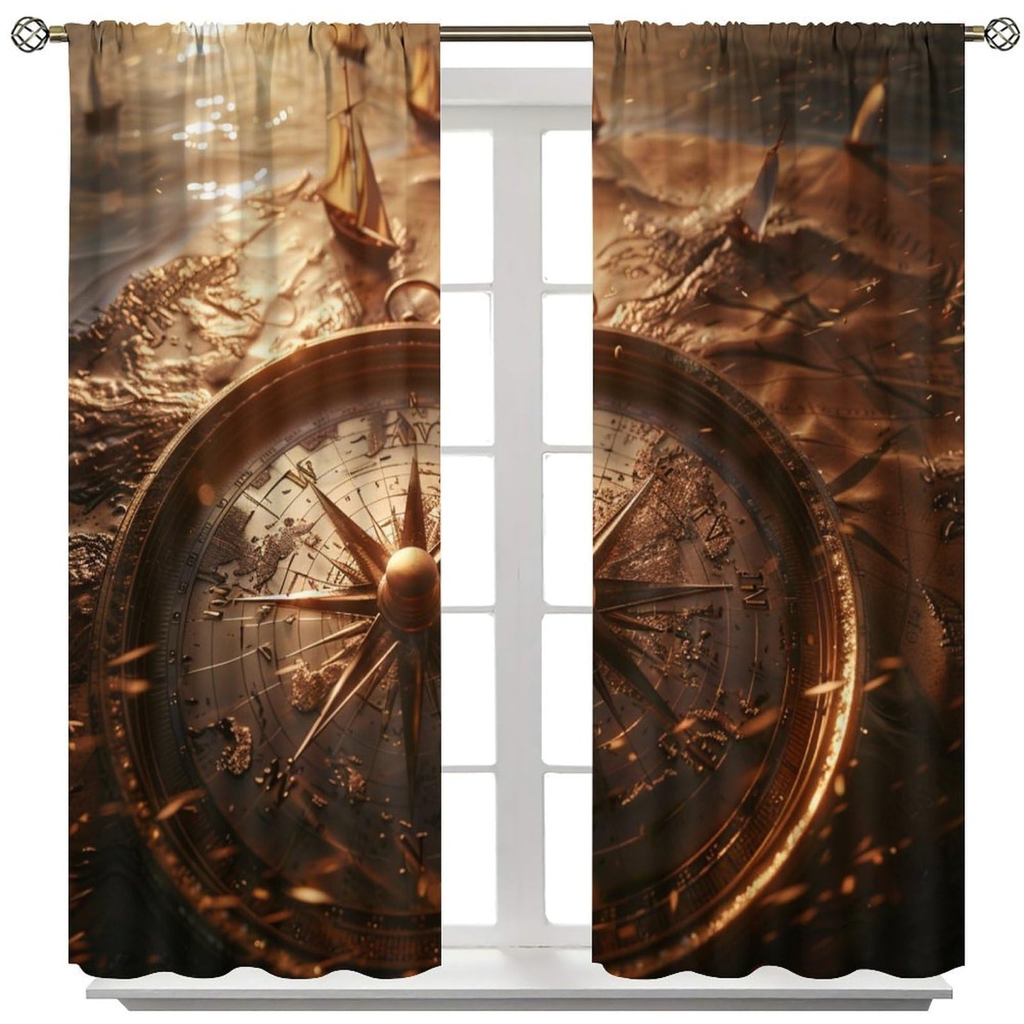 TOWINSFB Medieval Antique Compass Blackout Curtains for Bedroom Living Room, Vintage Nautical Sailboat Thermal Insulated Curtains Rod Pocket Window Drapes, 2 Panels/Each 21" W x 45" L