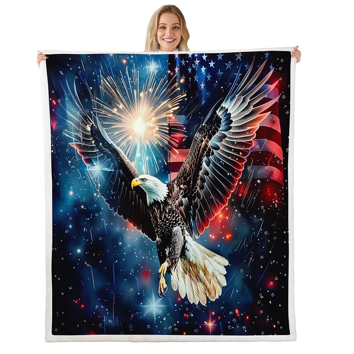 Erosebridal Eagle Throw Bed Blanket American Flag Sherpa Blankets Fireworks Background Eagle Bird Fleece Blankets Flying Animal Flannel Blanket Throw 50"X60" for Kids Boys Teen Room Decor