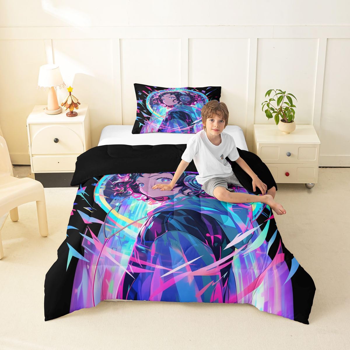 Erosebridal 3D Anime Girl Bedding Comforter Sets American Street Culture Comforter Set Twin for Teens Youth Girls Watercolor Graffiti Style Bedding Galaxy Stars Print Duvet Set with 1 Pillow Case
