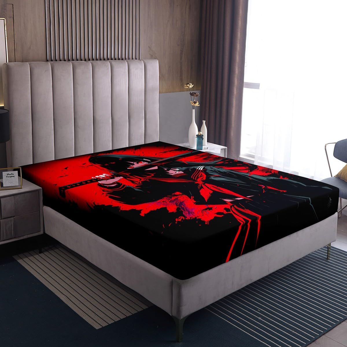 Erosebridal Japanese Anime Bedding Set for Kids, Anime Girl Fitted Sheet Queen Size Japanese Girl Bed Sheets for Girls Teens Adult, Kawaii Animation Red Black Sheets, Machine Washable