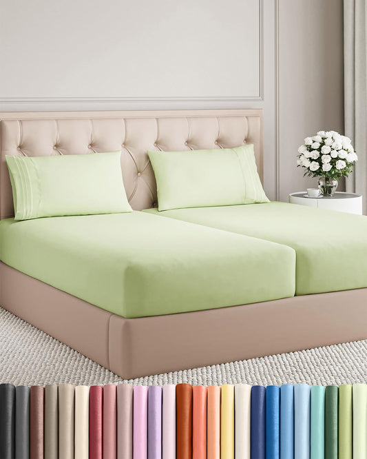 Split King Size 5 Piece Sheet Set - Comfy Breathable & Cooling Sheets - Hotel Luxury Bed Sheets for Women & Men - Deep Pockets, Easy-Fit, Soft & Wrinkle Free Sheets - Light Sage Green Oeko-Tex Sheets