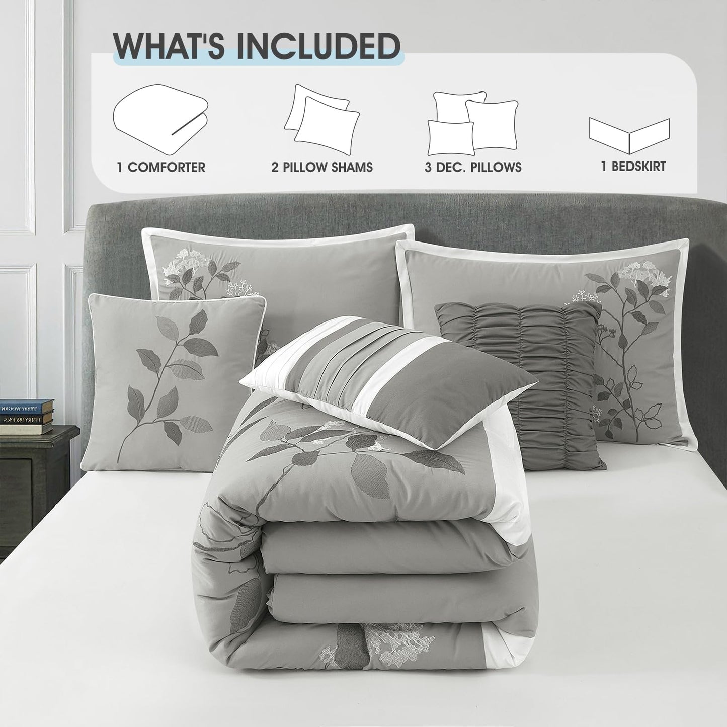 LANCO MODERN LIFESTYLE Grey Queen Comforter Set, 7 Pieces Bed in a Bag, Elegant Floral Leaves Embroidery, Soft and Lightweight All Seasons Bedding Set, Bedskirt, Pillow Shams, Decor Pillows