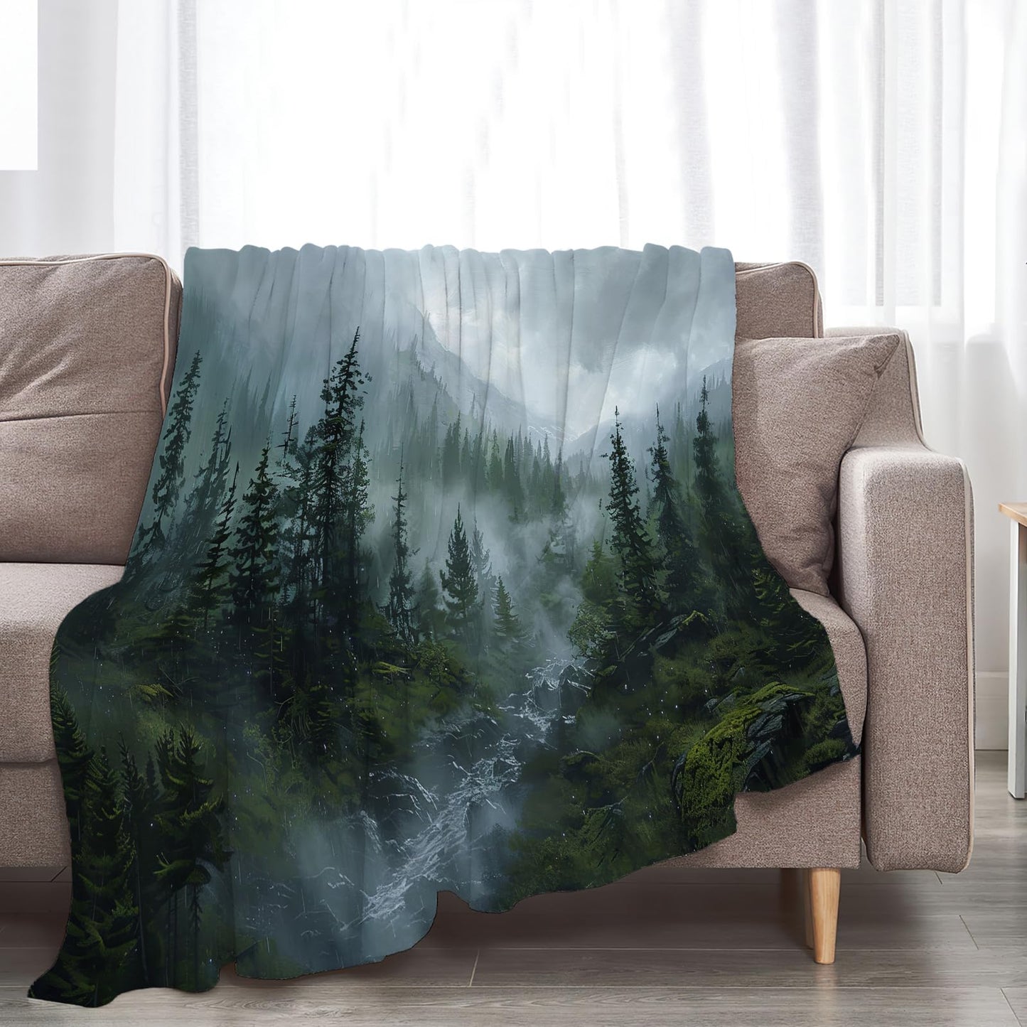 Baegopa Forest Blanket Misty Mountain Tree Throw Blanket Cozy Plush Fleece Flannel Green Nature Blankets Landscape Party Gifts for Girls Boys Women Men 50"X40"