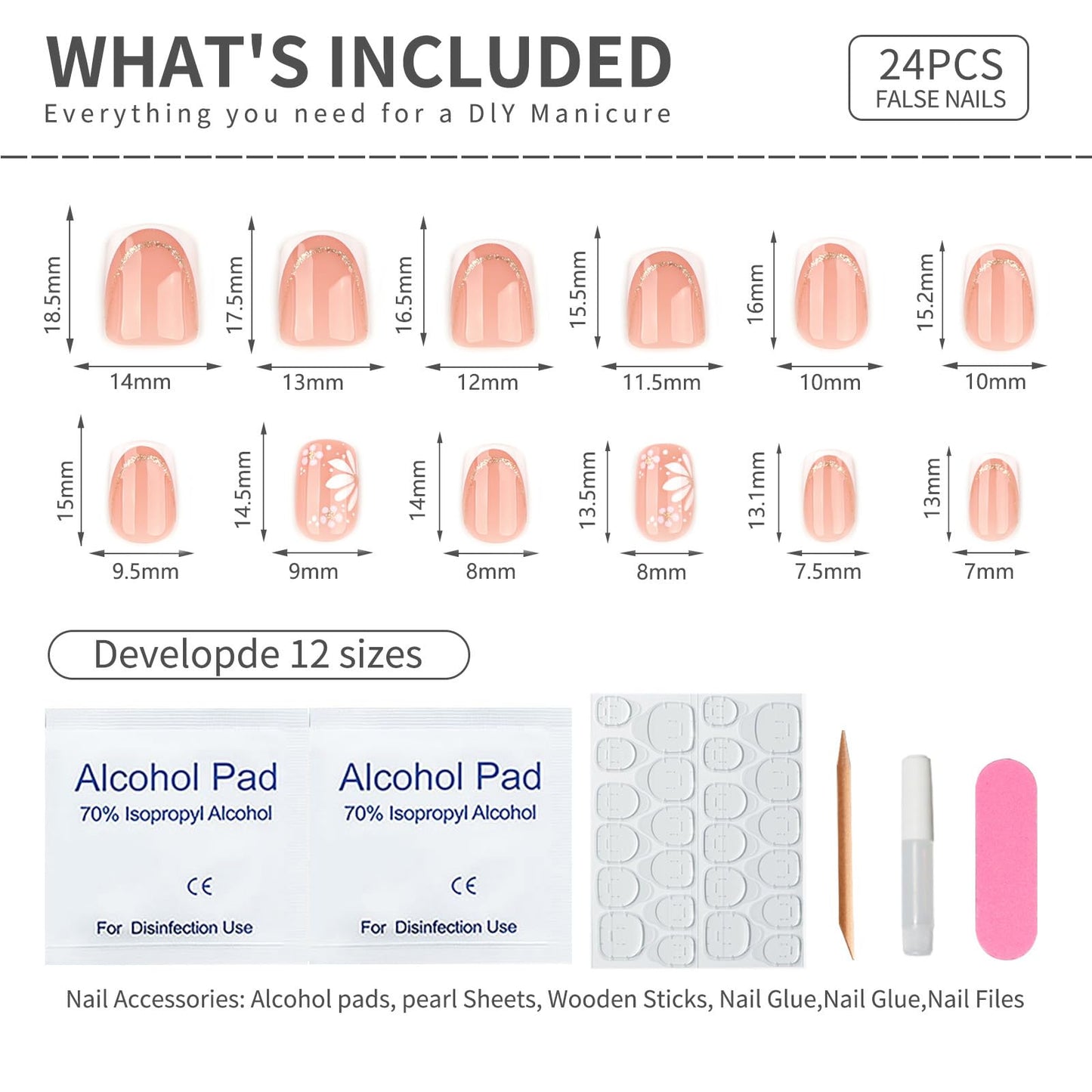 Square Press On Nails Short – Nude Pink French Tips with White Floral Design, 24PCS Thick Acrylic Fake Nails Kit, Glossy Reusable Stick On Nails with Glue & Tools for Women, Elegant DIY Manicure