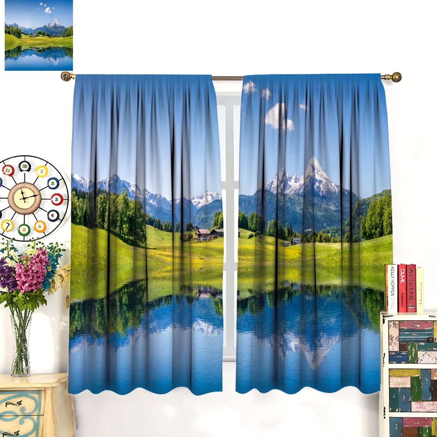 Lake Deocr Curtain, Nature Mountain Scenic Beautiful Blue Sky White Cloud House Grassland Landscapes Home Decor Windows Rod Pocket Curtains for Bedroom Kitchen Cafe Office Drapes 42x45in