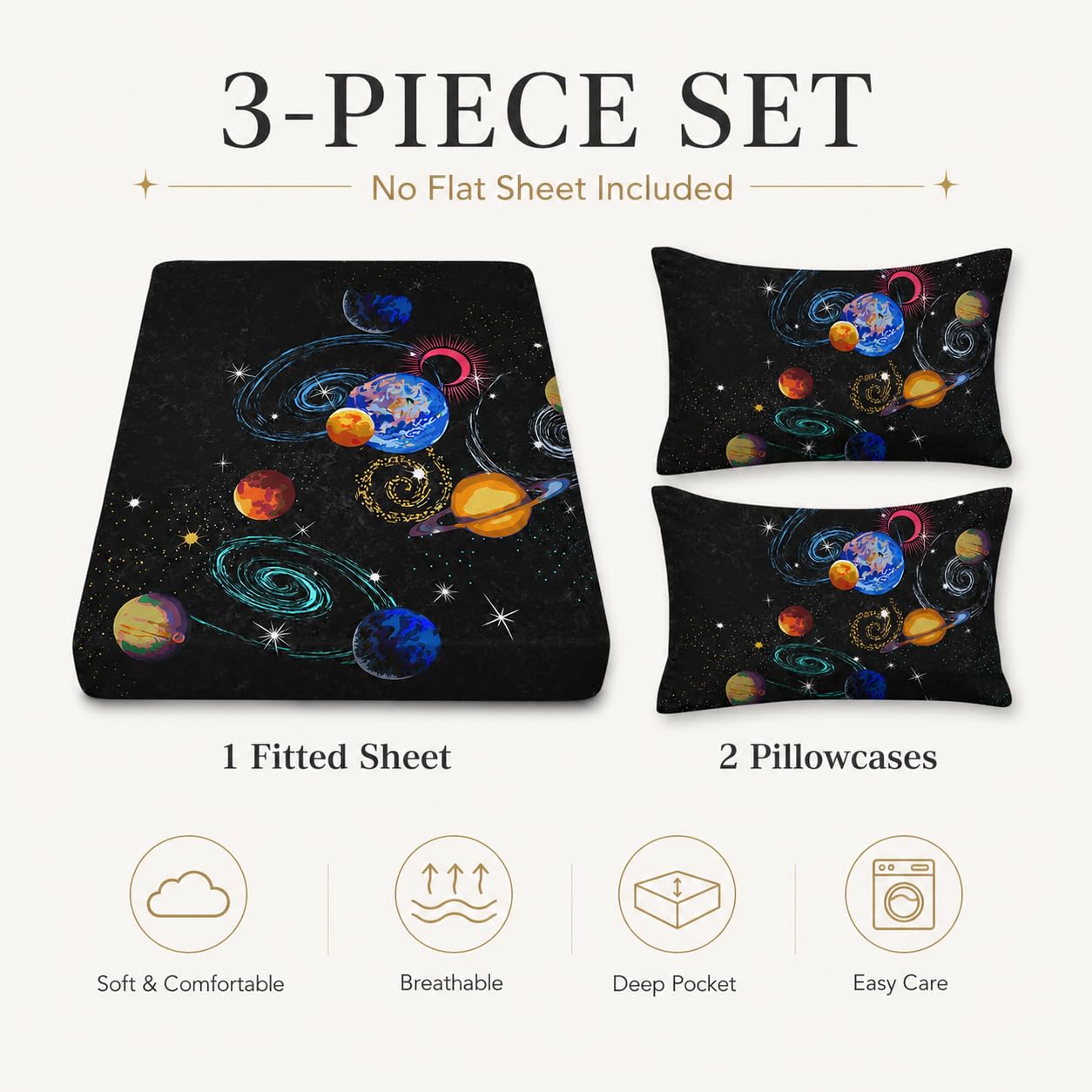 AILONEN Outer Space Twin XL Size Fitted Sheet 3 Pieces Set, Galaxy Starry Sheet for Kids Boys - Eight Planet Theme Soft Breathable Bed Sheet, 1 Fitted Sheet and 2 Pillowcases