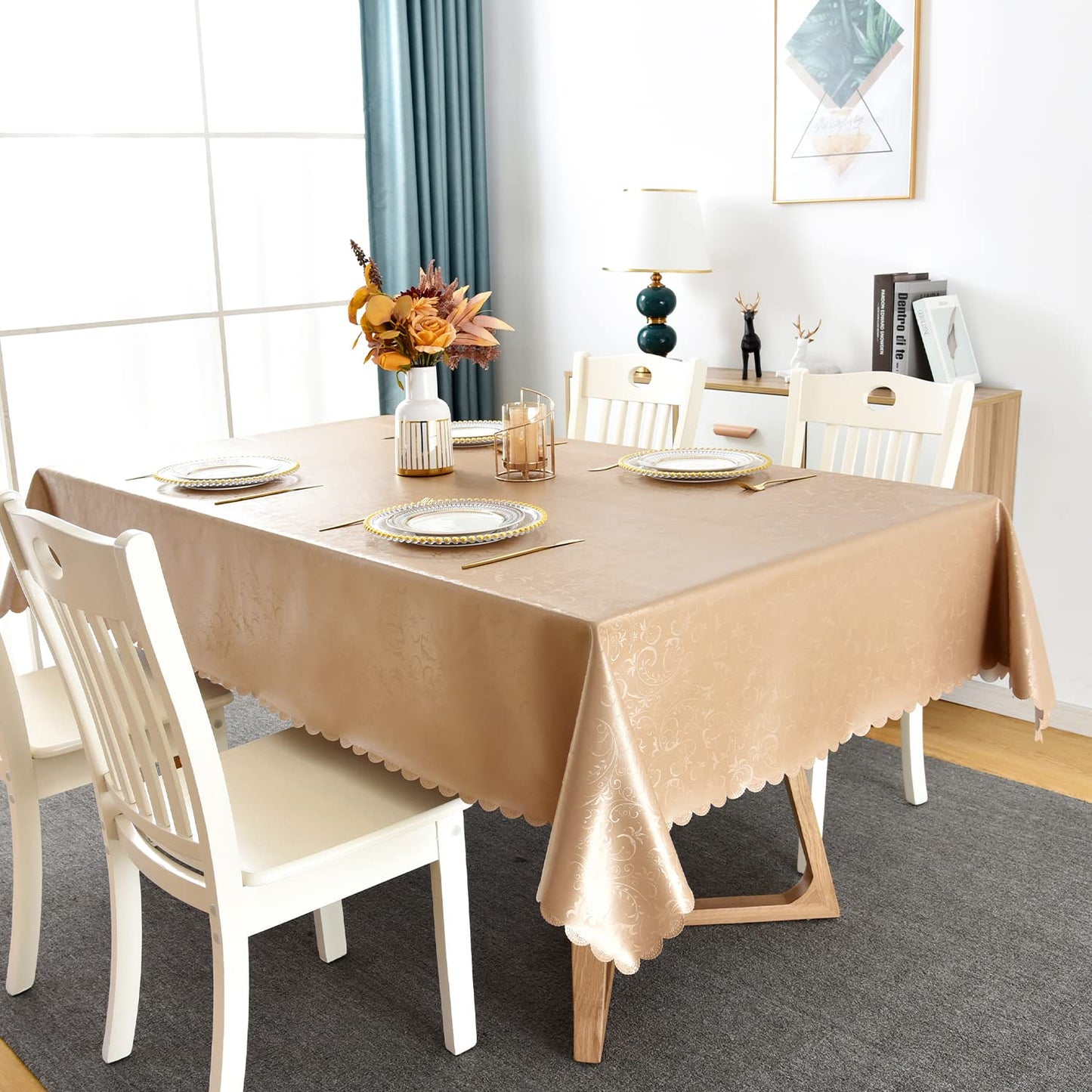 Romanstile Rectangle Vinyl Tablecloth,100% Waterproof Heavy Duty Oil Spill Proof Stain Resistant Plastic PU Table Cover with Flannel Backing for Kitchen, Dining (Flower Champagne, 52 x 70)