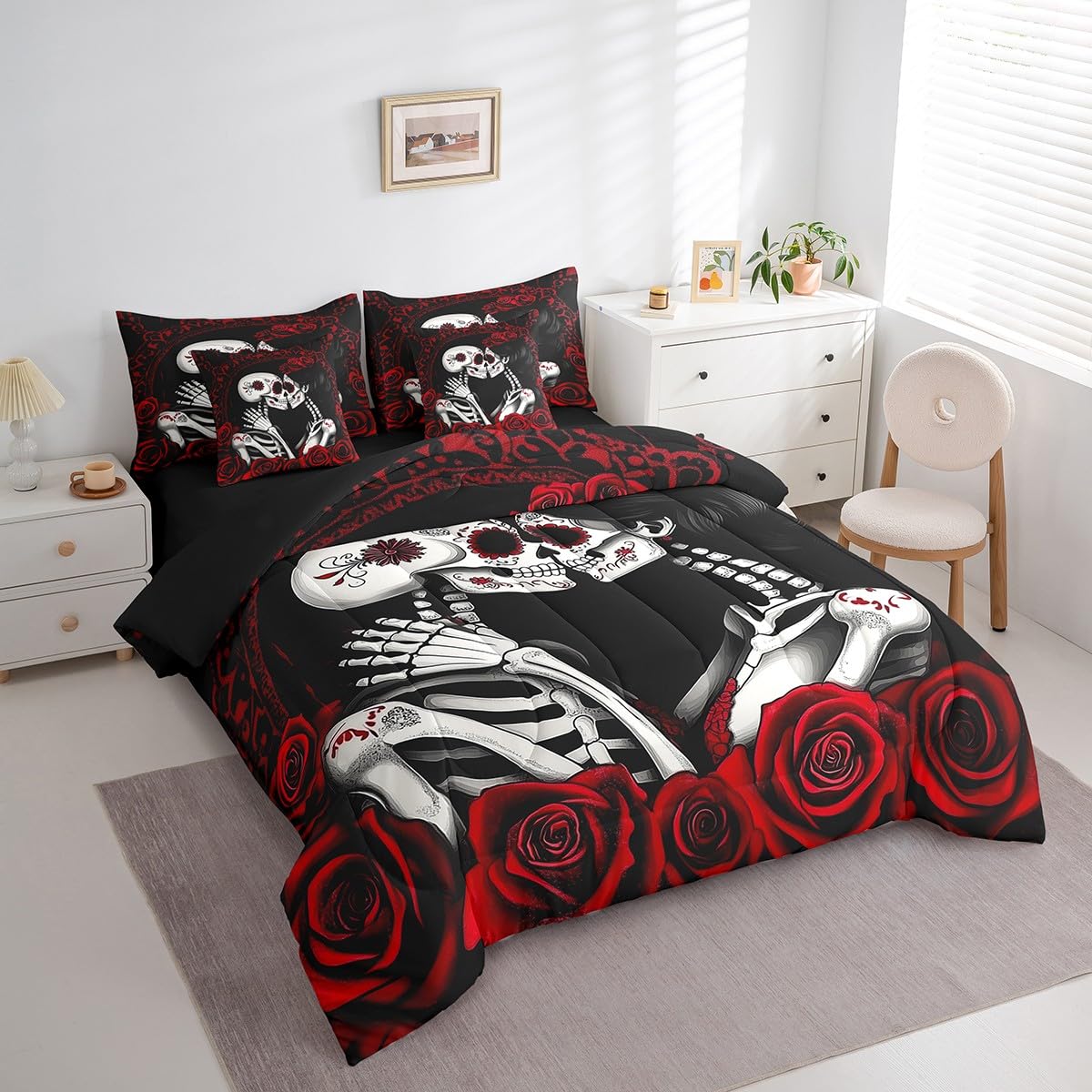 Erosebridal Sugar Skull Bed in A Bag Romantic Roses Bedding Set Valentine's Day Queen Comforter Set 7 Piece for Adults Men Women,Skeleton Lovers Red Black Bed Set Room Decor