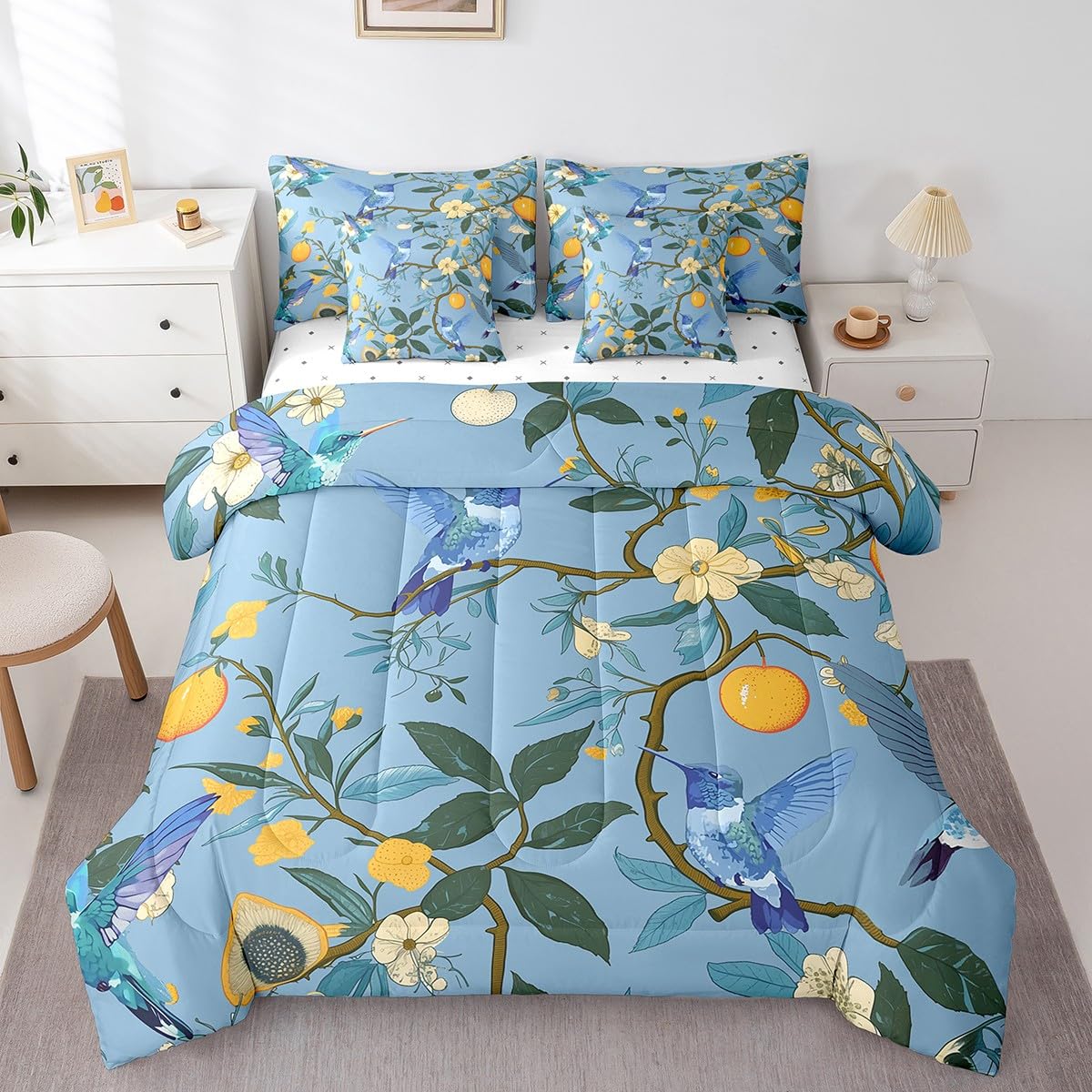Erosebridal Hummingbirds Bedding Set for Kids Teens,Oil Painting Fruit Comforter Set King Size,Lemon Tree Branches (Comforter+Fitted+Flat Sheet+2 Pillowcases+2 Throw Pillow Covers) 7 Pieces Bed Set