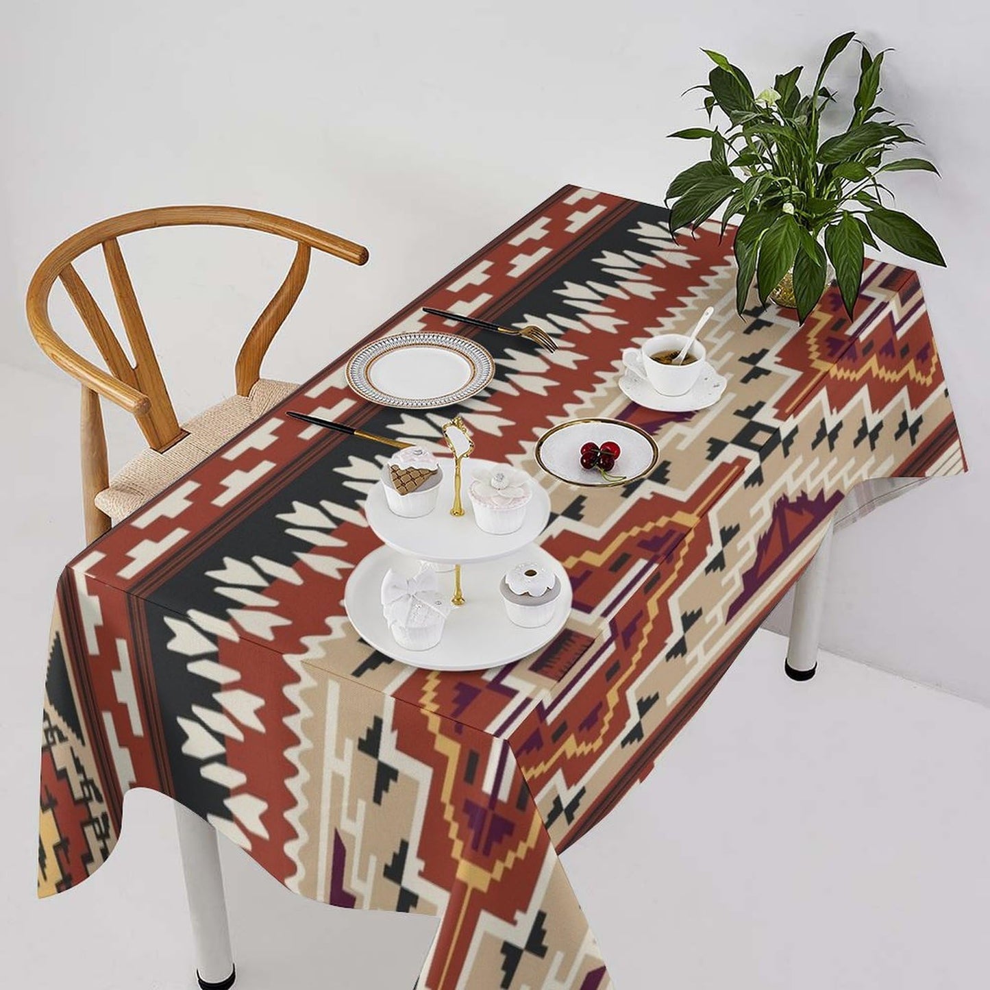 wlsgdsg Terracotta Aztec Square Tablecloth Vintage Southwestern Earth Tone Striped Table Cover Spill-Proof Tribal Cloth for Dining Table Picnic Camping 55x75 in