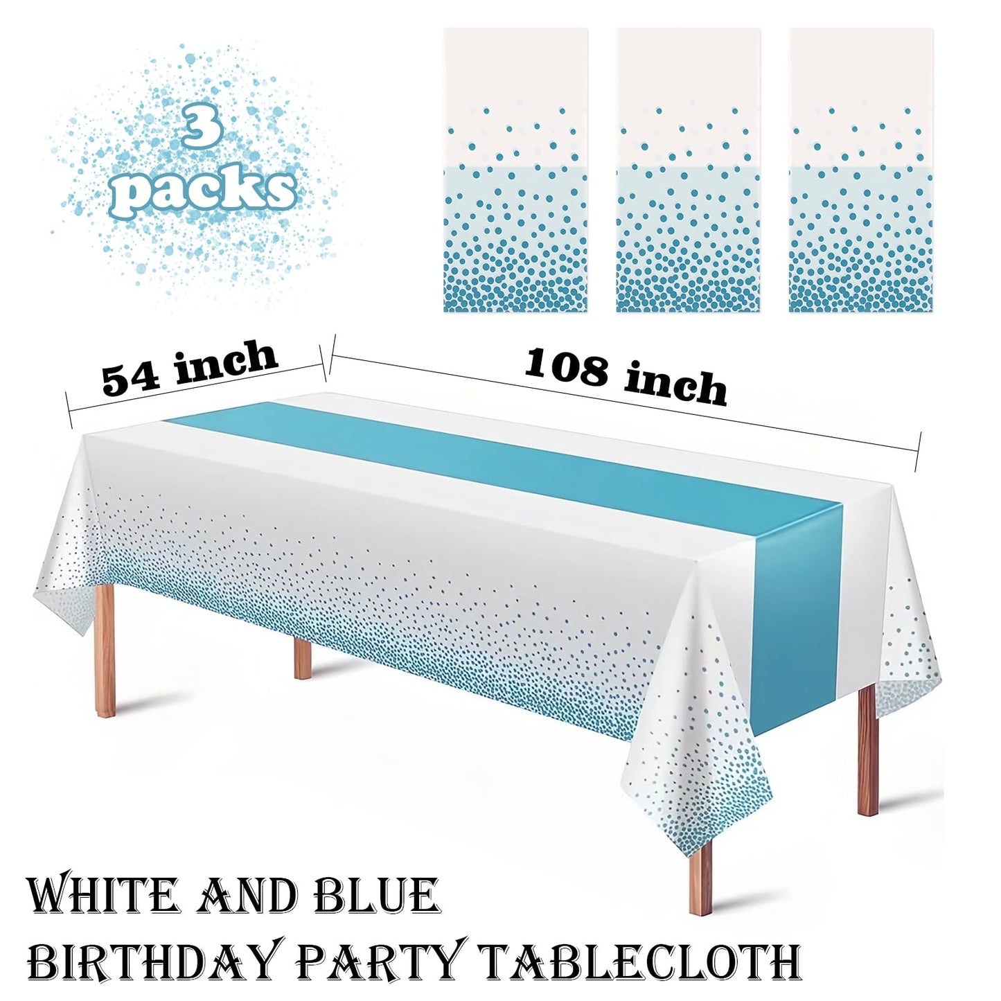 BokingOne 3 Pack White and Blue Plastic Tablecloth, 54 inch x108 inch Rectangular Disposable Table Cover for Graduation Party, New Years Decorations, Gender Reveal, Birthdays Decoration, Wedding Party