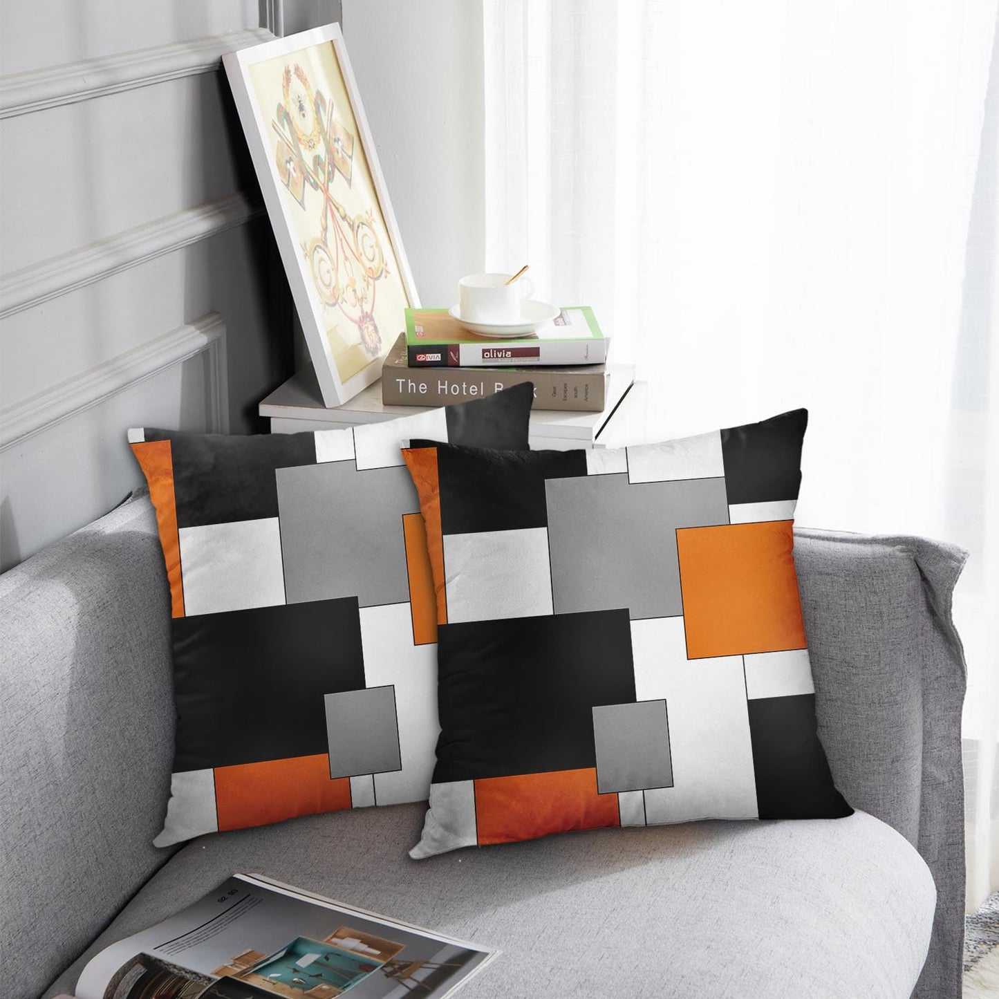 Emvency Set of 2 Orange Geometric Throw Pillow Covers Black Grey White Painting Abstract Checkered Design Decorative Pillow Case Modern Home Decor Standard Square 18x18 Inch Cushion Pillowcase