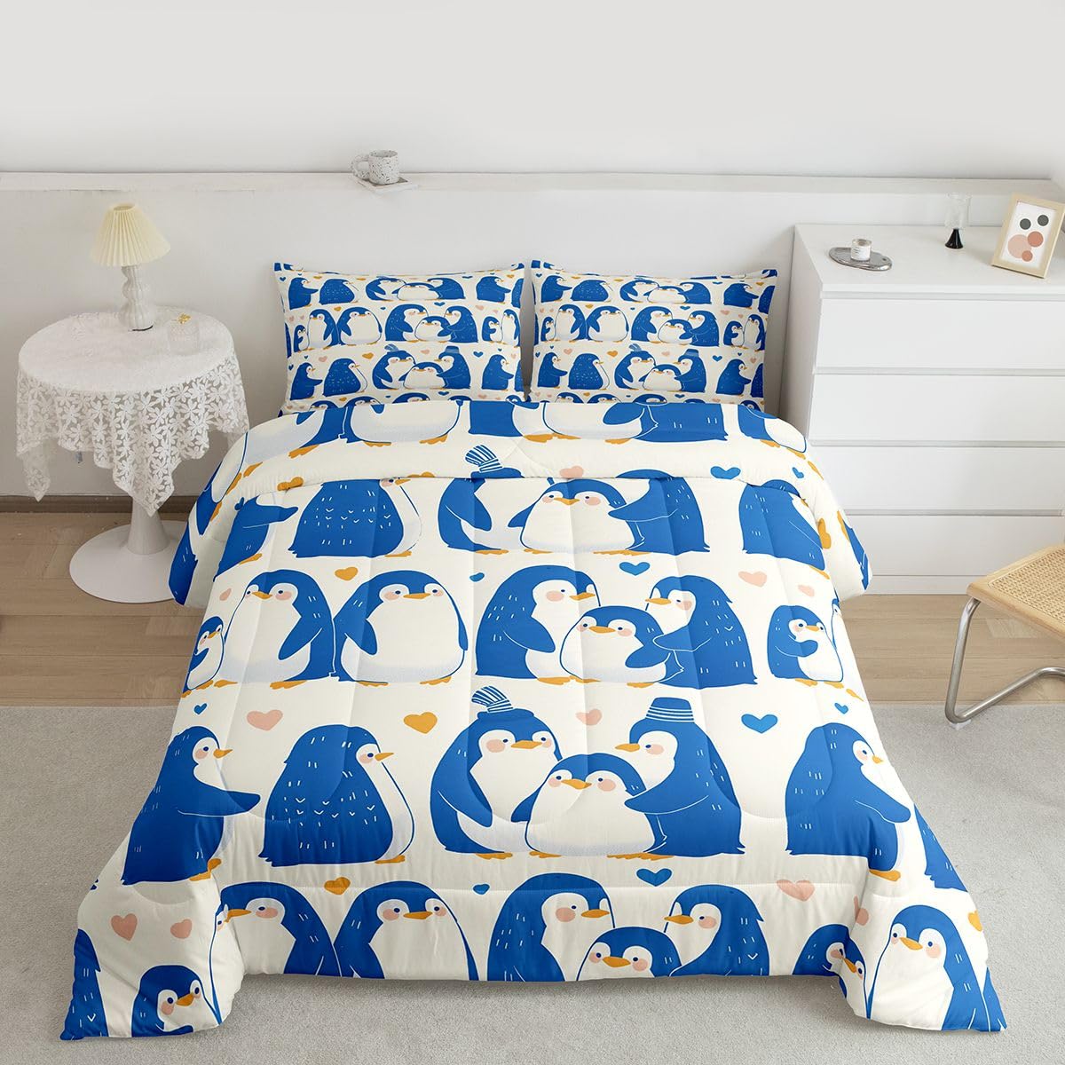 Erosebridal Kawaii Penguin Bedding Set Queen Blue Cute Penguins Comforter Set for Kids Boys Girls Antarctic Wild Animal Print Down Comforter,Yellow Love Heart Pattern Quilt Duvet