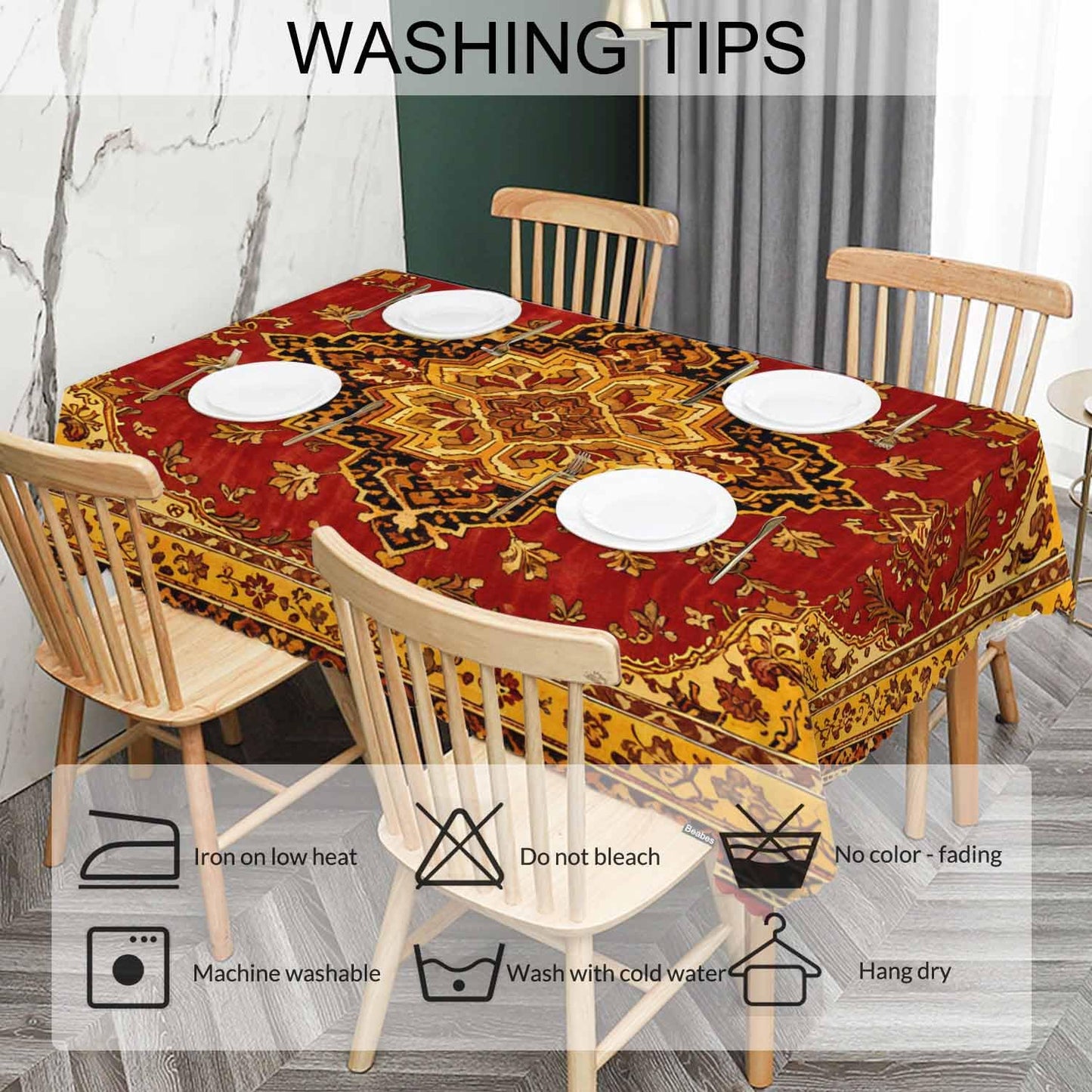 Beabes Rug Dinner Tablecloth Table Cover, Geometric Bohemian Style Carpet Rug 52x70 Inch Table Cloth Dust-Proof Table Cover Protector for Home Restaurant Picnic Camping BBQ Coffee, Red