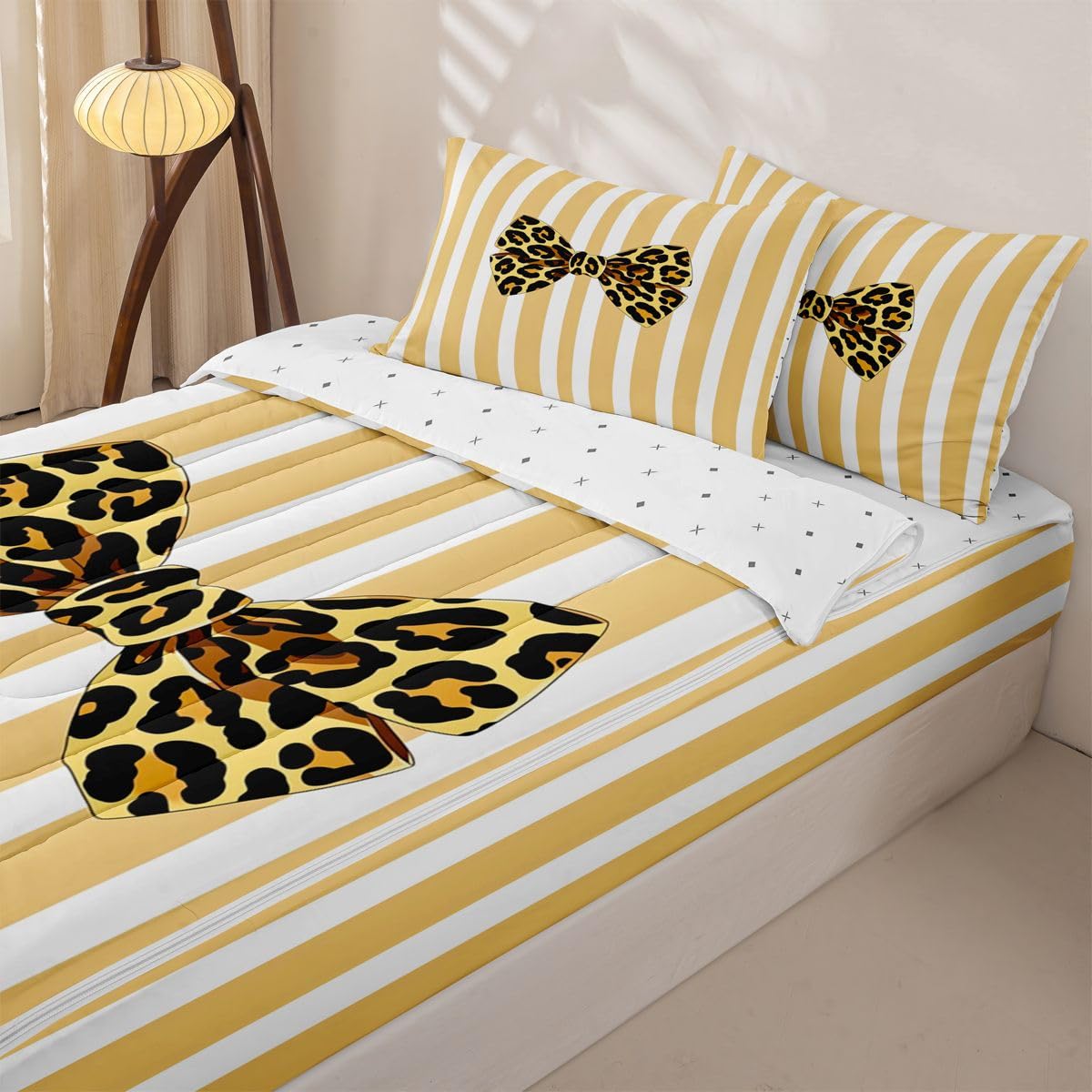jejeloiu Girls Bow Comforter Set Twin Size Zipper Bedding Set for Girls Boys Brown Leopard Bowknot Comforter with Fitted Sheet, Pillowcases Yellow White Stripes Zipper Bedding Soft Bed in a Bag