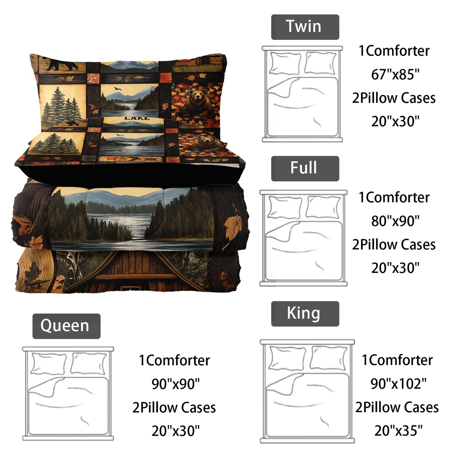 Nttopship Hunting Bear Comforter Set Twin,Bear Cabin Plaid Comforter Set Bedding Set for Kids Boys Men Adults Wildlife Pine Trees Rustic Farmhouse Soft Microfiber Comforter with 2 Pillowcases