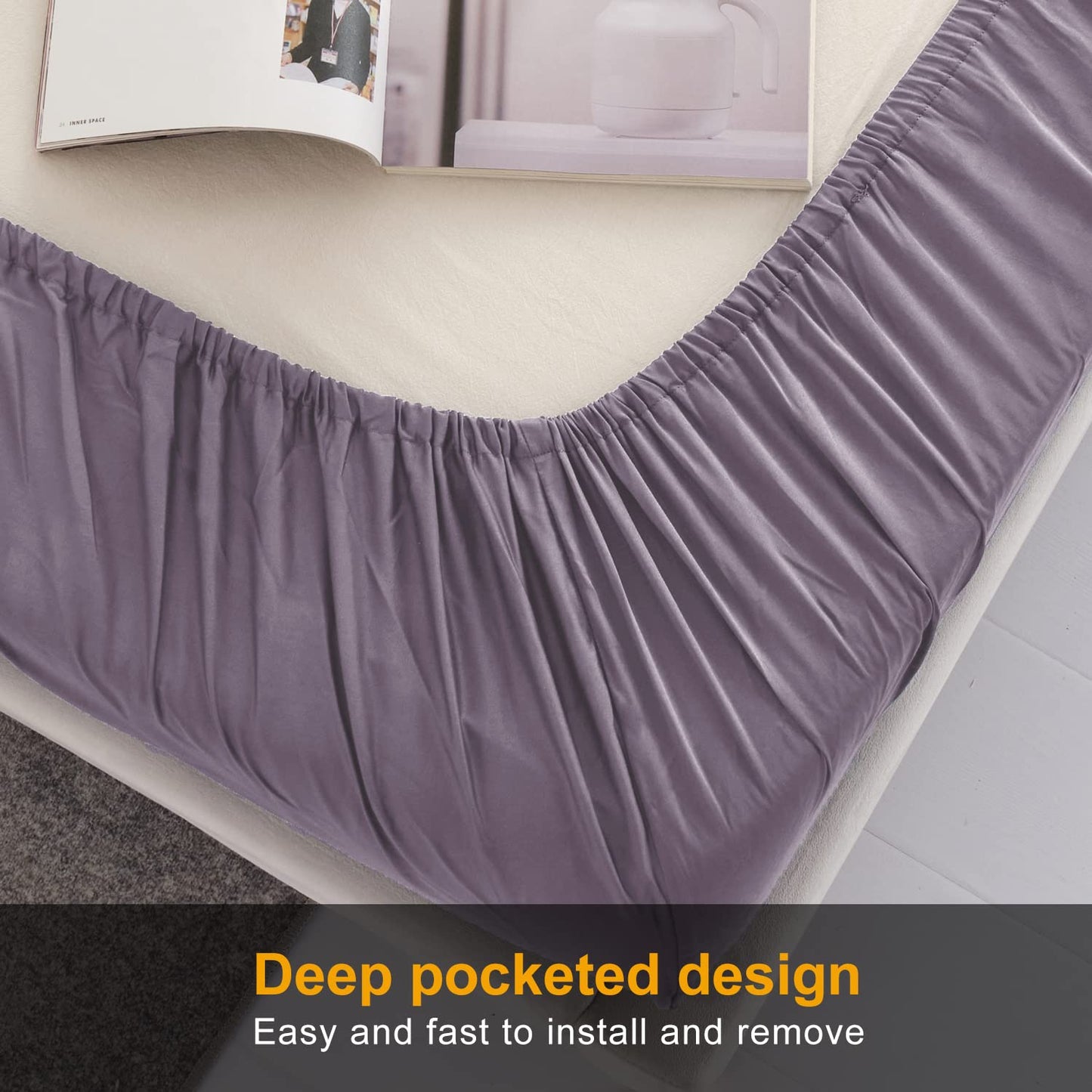MILDLY Deep Pocket Fitted Sheet Only Queen Size 60"x80" 100% Long Staple Cotton Purple Breathable Bottom Sheet Fits Up to 14" Deep Mattress