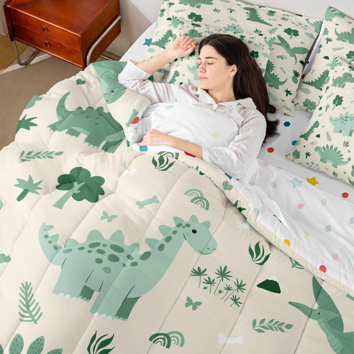 Feelyou Kids Cute Dinosaur Full Comforter Set with Sheets for Kids Boys Girls Boys Green Dinosaur 7 Pieces Bedding Set Cartoon Cute Animal Bed in a Bag Room Decor Soft Lightweight Microfiber