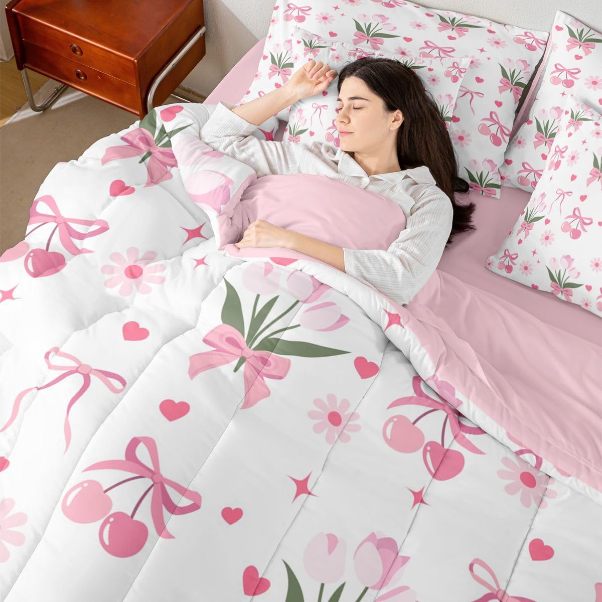 Erosebridal Pink Girls Daisy Flowers Bowknot Kids Full Comforter Set 7 Pieces | Tulip Bow Floral Bed in A Bag for Bedroom Love Hearts Cherry Bedding Set with Comforters Love Hearts Cherry Room Decor