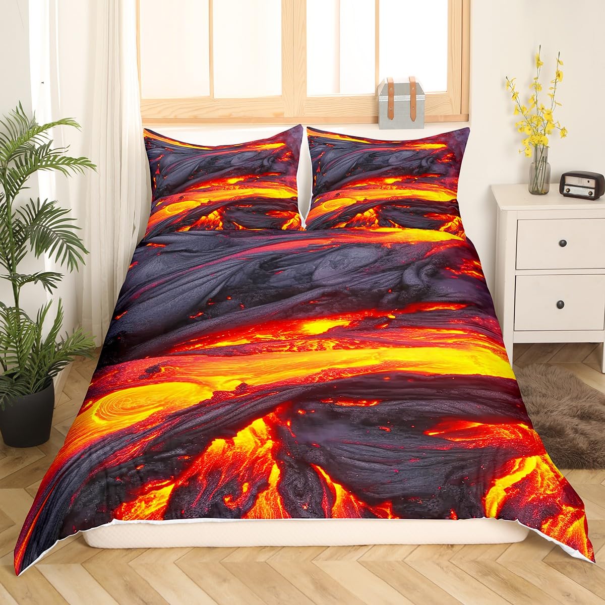 Volcano Bedding Set King 3 Pieces Disaster Printed Pattern Red Yellow Comforter Set Lava Duvet Cover For Adult Boys Men Teen Bedspread With Zipper Ties 1 Duvet Cover +2 Pillowcases, No Comforter