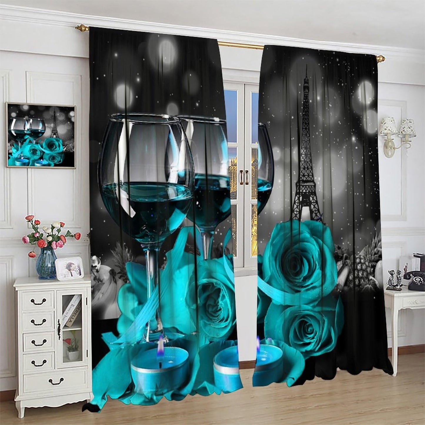 wlsgdsg Wine Curtains for Kitchen,Romantic Farmhouse Kitchen Fruit Cyan Rose Flower Candle Paris Tower Light Art Window Drapes Print for Boys Girls Bedroom Living Room 42x45in