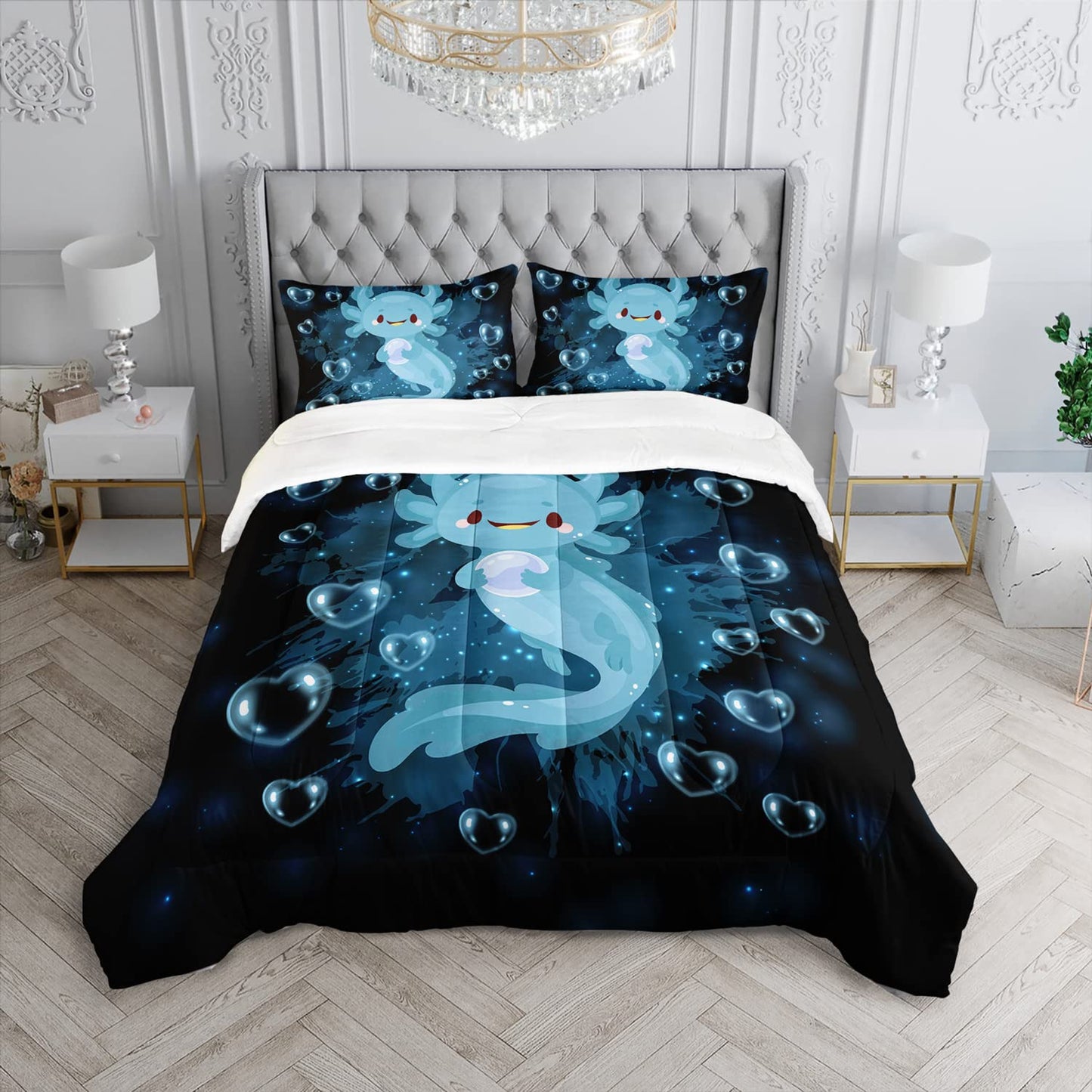 HOSIMA Axolotl Comforter Set Blue Axolotl Pattern Kawaii Bed Set for Kids Bedroom Decor,Twin Bed Set for Girls with 2 Pillowcases.