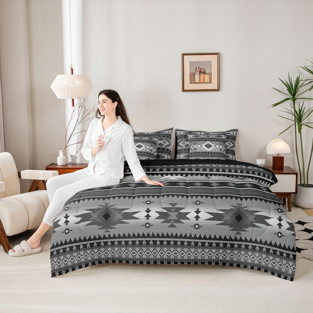 Erosebridal Cowboy Black Grey Aztec Geometric Full Comforter Set 7 Pieces | Cowgirl Farmhouse Bed in A Bag for Bedroom Tribal Southwestern Adults Bedding Set with Comforters Bohemian Room Decor