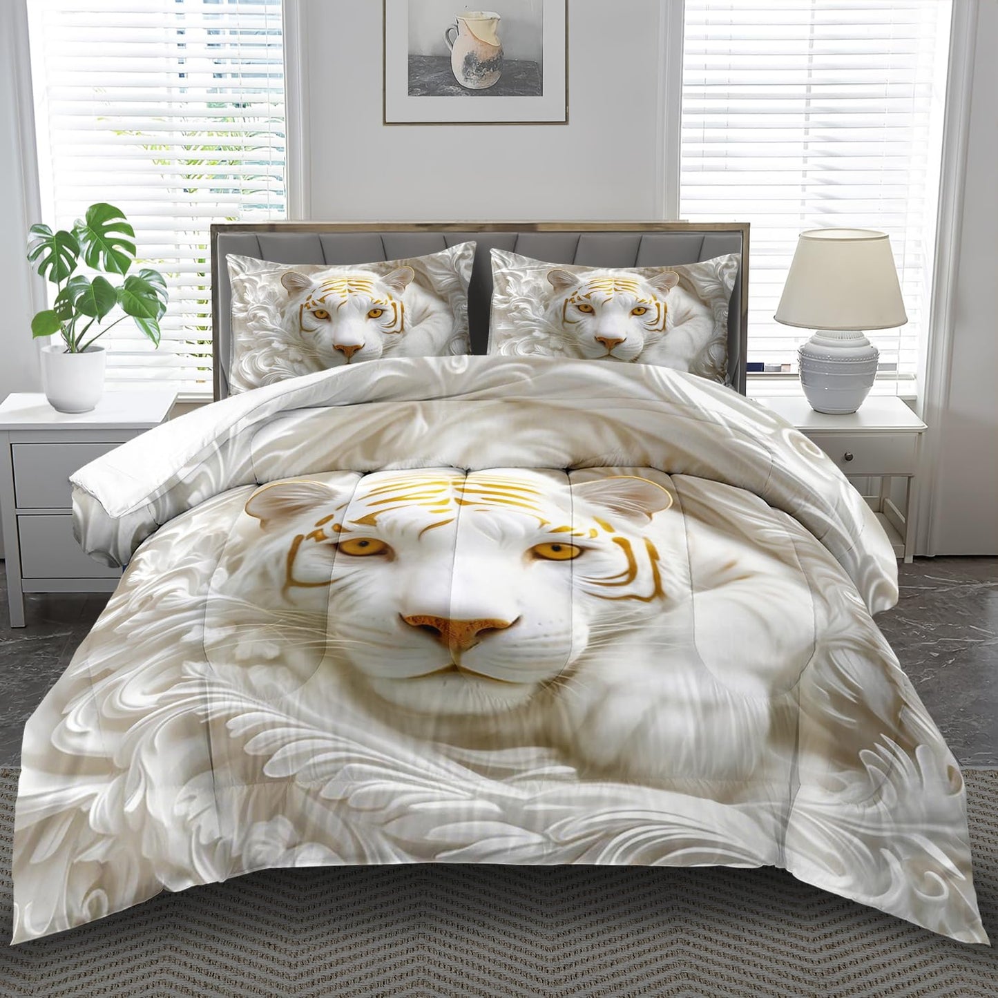 llyxsesty White Tiger Comforter Set Queen for Boys Relief Sculpture Bedding Set Teen Boys Animal Comforter Queen Quilt Girls Tiger Bedroom Decor African Animal Bedding White Lion Home Decor