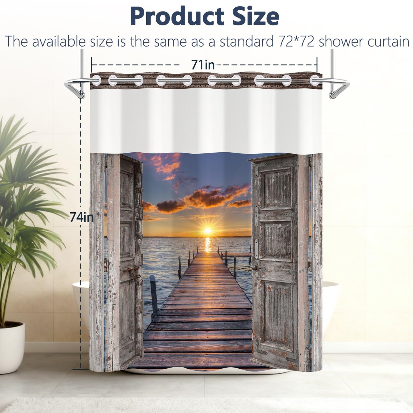 No Hook Beach Coastal Barn Door Shower Curtain with Snap in Fabric Liner, Waterproof Double Layers Washable Bathroom Curtain, Nautical Sunset Seaside Shower Curtains with Top Sheer Window, 71x74 Inch