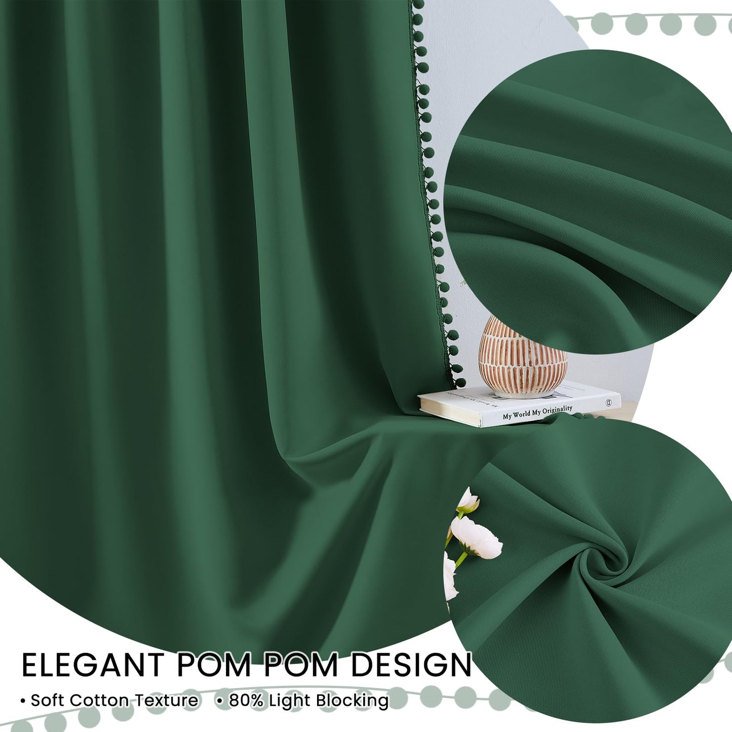 Melodieux Green Pom Pom Blackout Curtains 84 Inches Long for Bedroom, Boho Black Out Curtains 2 Panels for Living Room, Rod Pocket Kids Girls Nursery Drapes Elegant Cotton Textured, 52" W x 84" L