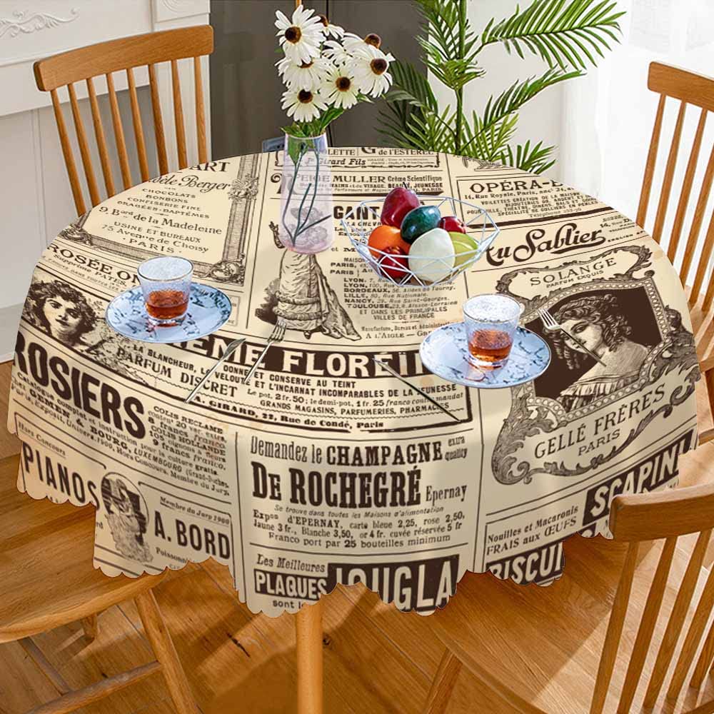 AOYEGO Brown Newspaper Tablecloth Round France Paris Table Cloth Vintage News Women Pattern Advertisement Tablecloths 60 Inch for Dining Room, Party, Banquet
