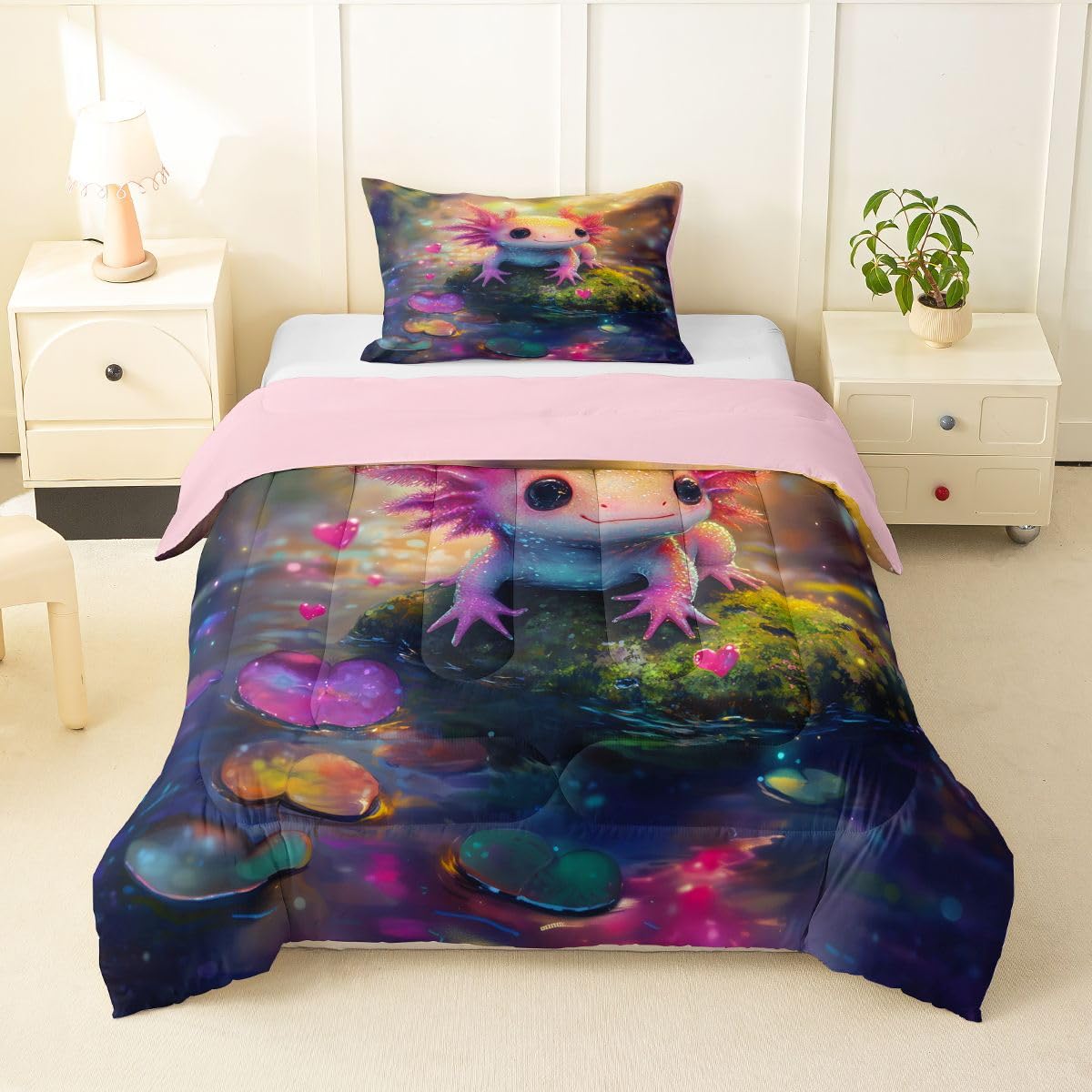 Manfei 3D Axolotl Kids Comforter Toddler Size,Cute Salamander Starry Sky Galaxy Quilt Set for Kids Boys Girls Bedroom Decor,Fantasy Art Style Bedding Set,Purple Green Duvet Insert,1 Pillowcase