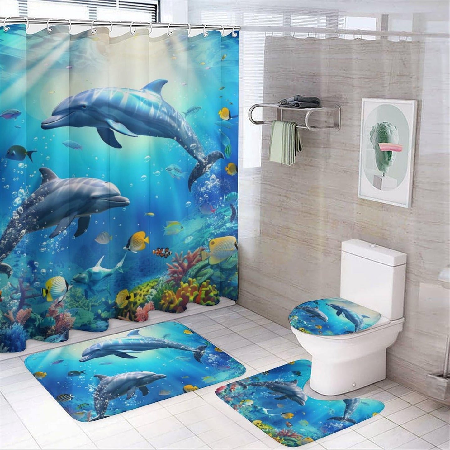 HDESDIS 4Pcs Blue Dolphin Shower Curtain Set, Non-Slip Rug Toilet Lid Cover Bath Mat, Ocean Tropical Fish Coral Reef Bathroom Shower Decor Set Accessory, 72" x 72"
