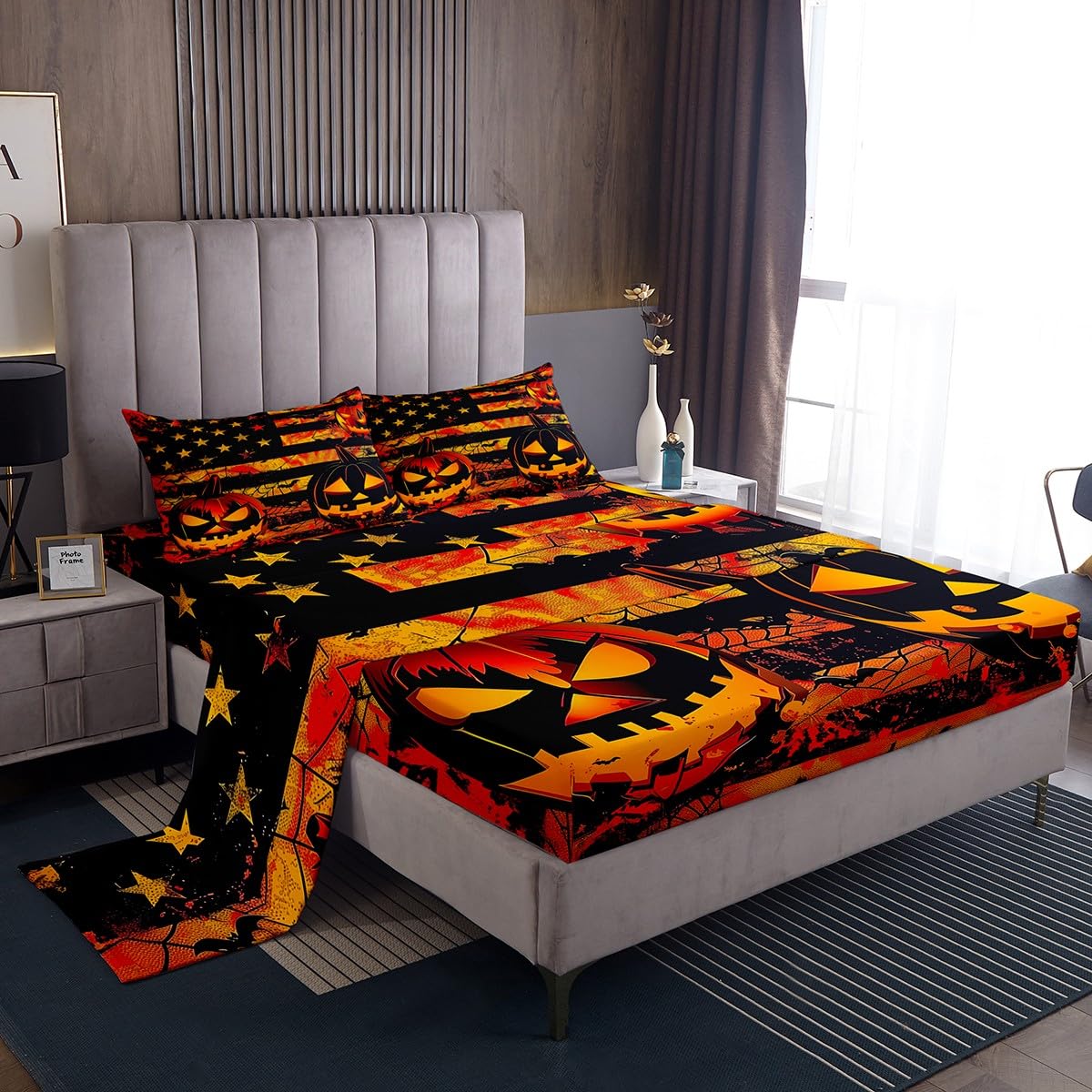Feelyou Halloween Pumpkin Bed Sheets Set Full Size Halloween Decor Deep Pocket Fitted Sheet American Flag Bedding Sets Gothic Soft Bed Set 4Pcs with 2 Pillow Cases