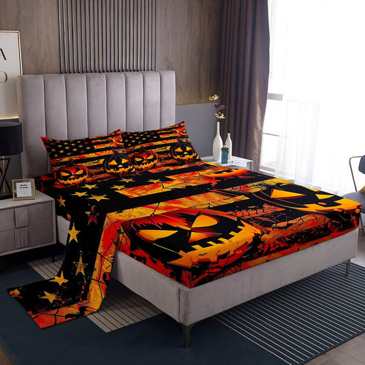 Feelyou Halloween Pumpkin Bed Sheets Set Full Size Halloween Decor Deep Pocket Fitted Sheet American Flag Bedding Sets Gothic Soft Bed Set 4Pcs with 2 Pillow Cases