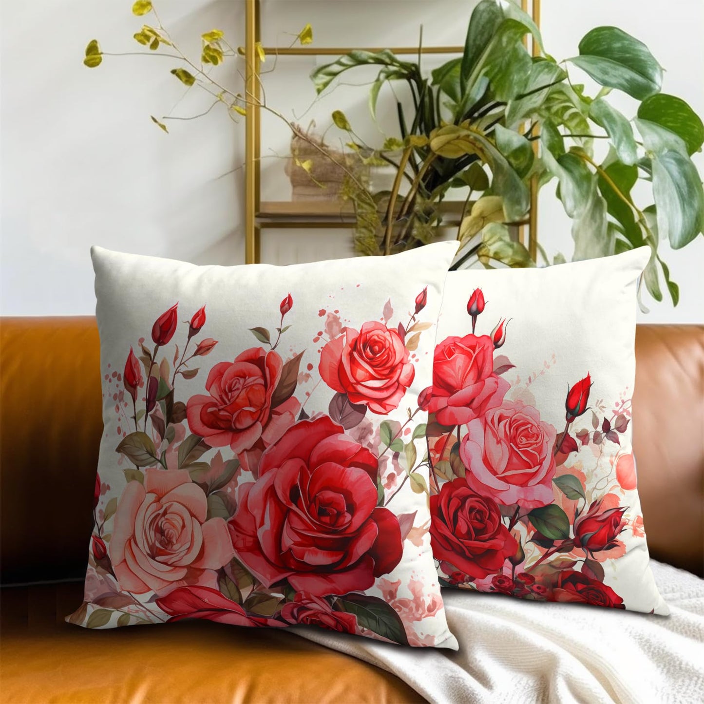 Mweet Red Roses Throw Pillow Covers 18x18 Inch Set of 2, Valentine's Day Decorative Pillow Case Beautiful Bouquet Flower Cushion Cover for Couch Sofa Wedding Anniversary Decor Gift