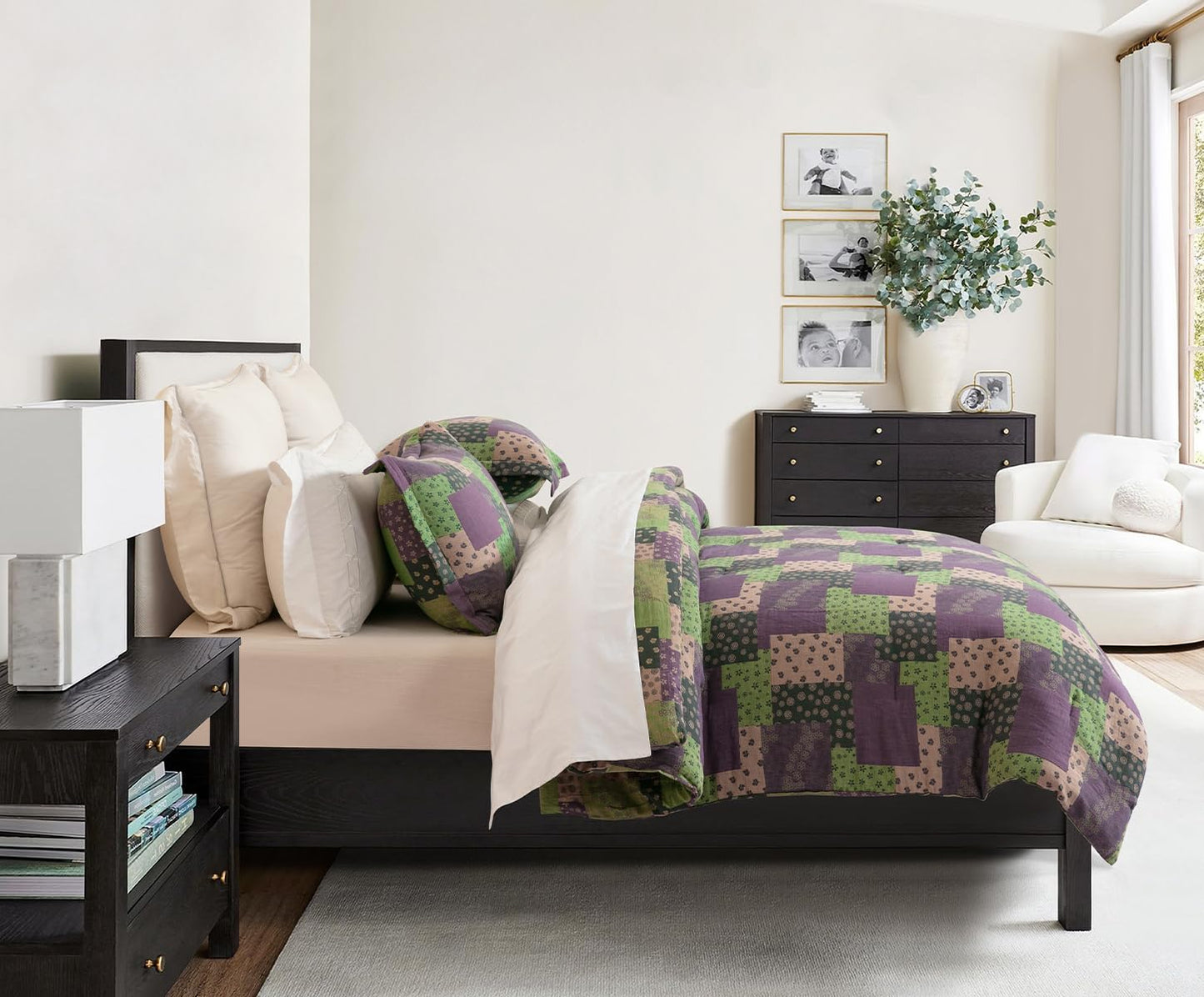 SLEEPBELLA Washed Double Layer Muslin 100% Cotton Comforter Set King Size, Purple Green Patchwork Fluffy Thick Checked Bedding Set, Soft Breathable (1 Comforter, 2 Pillow Shams)