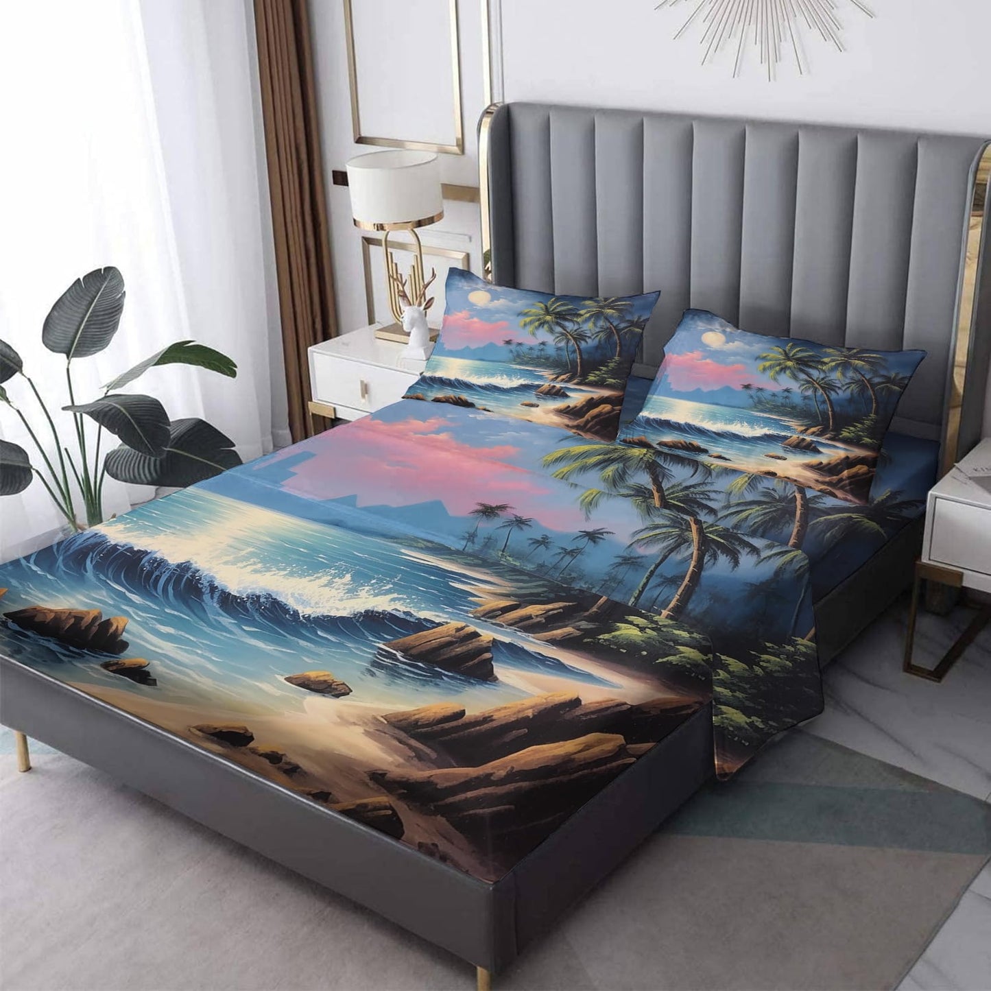 THYUNQ Hawaiian Split King Sheets Sets for Adjustable Bed, Tropical Palm Tree Beach Pattern Sheet Set - 16 Inch Deep Pocket, Super Soft Microfiber Printed Bedding Sheets & Pillowcases 5 Piece