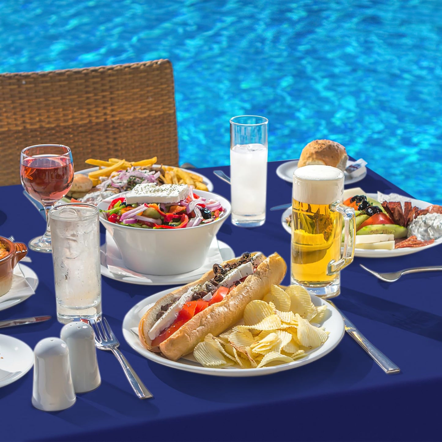 homing Square Vinyl Tablecloth, Waterproof Spillproof Plastic Flannel Backed Table Cloth, Wipe Clean Table Cover for Dining, Buffet Parties and Camping, 4th of July (Navy Blue, 54" x 54")