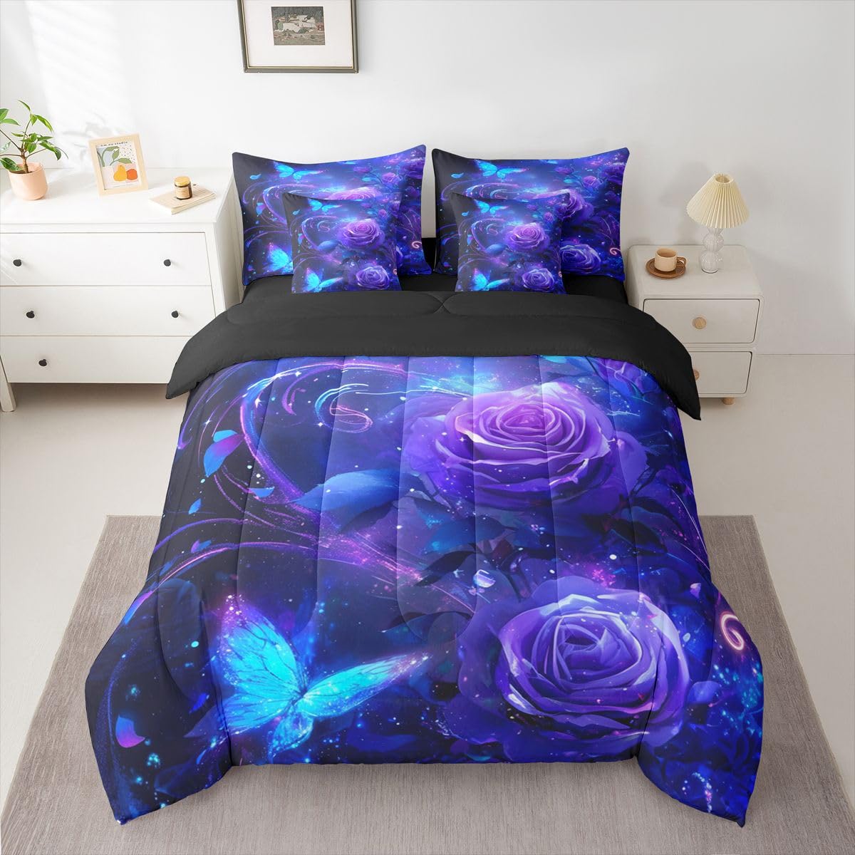Erosebridal Butterfly 7 Piece Bedding Set Queen Rose Comforter Set with Sheets Flying Butterflies Dreamy Roses Bed in a Bag Magic Purple Flowers Petal for Kids Boys Girls
